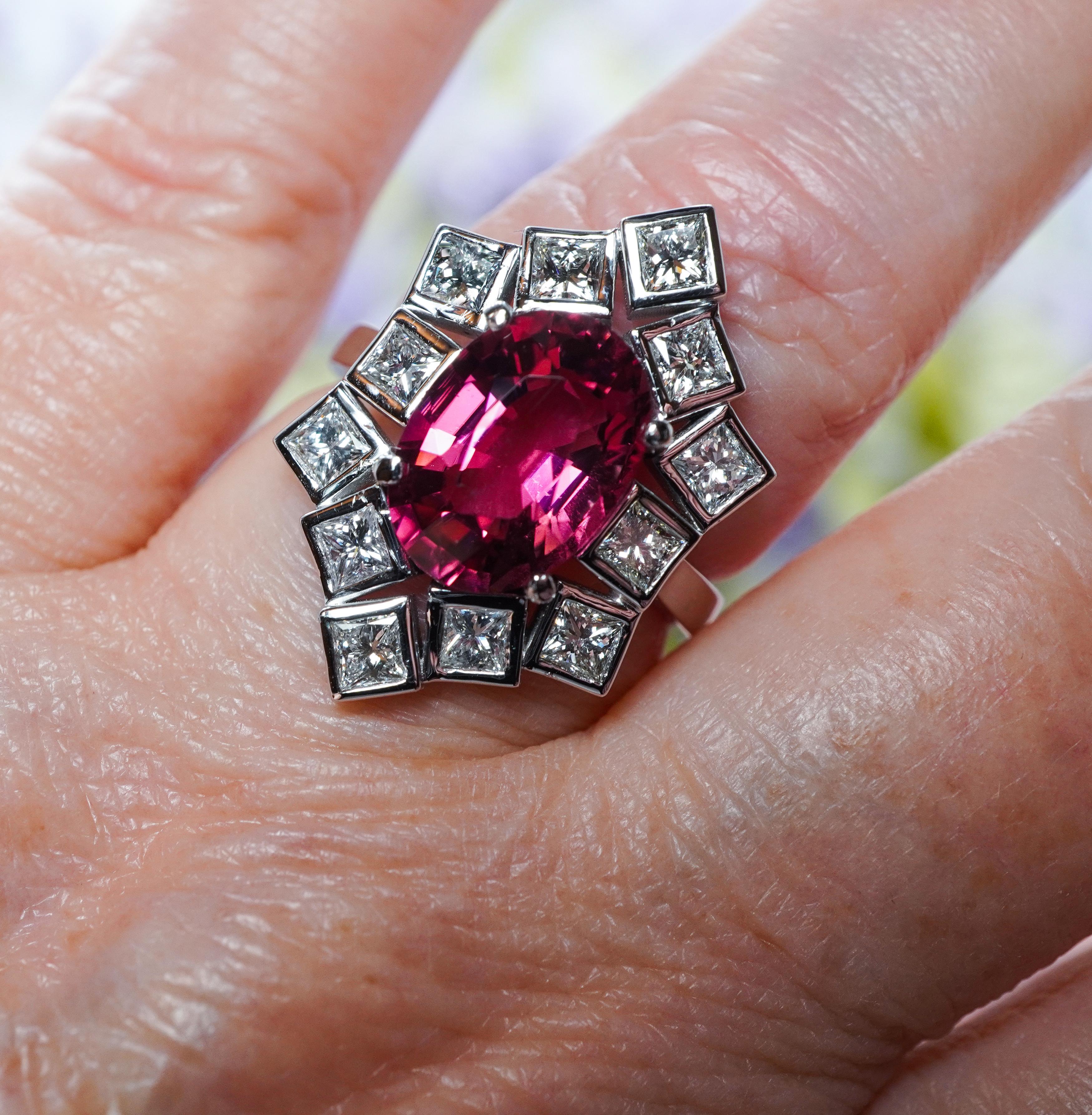 Oval Cut Vintage Tourmaline Princess Diamond Cocktail Ring 18K White Gold Estate Giant For Sale