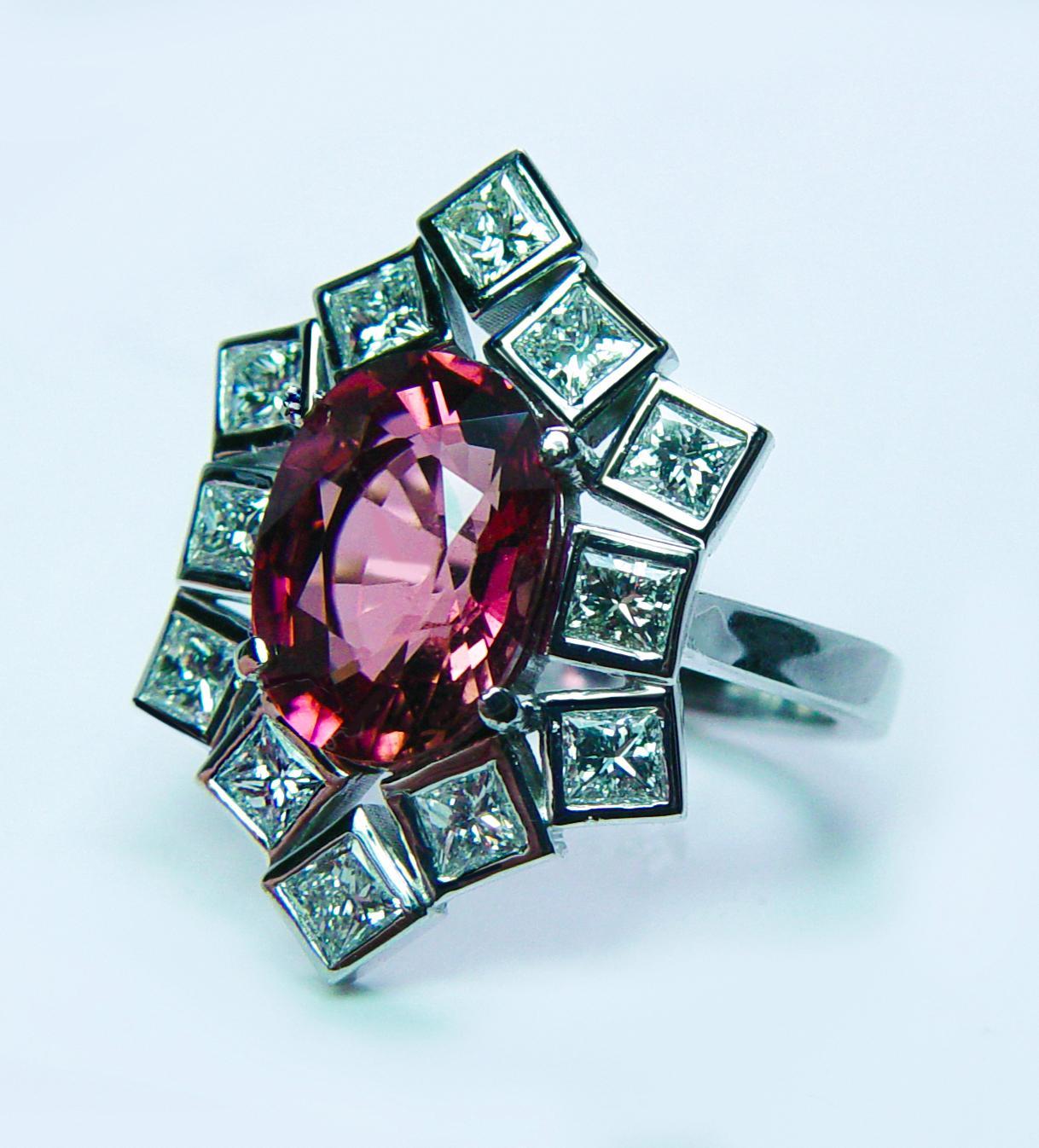 Vintage Tourmaline Princess Diamond Cocktail Ring 18K White Gold Estate Giant In Good Condition For Sale In Brambleton, US
