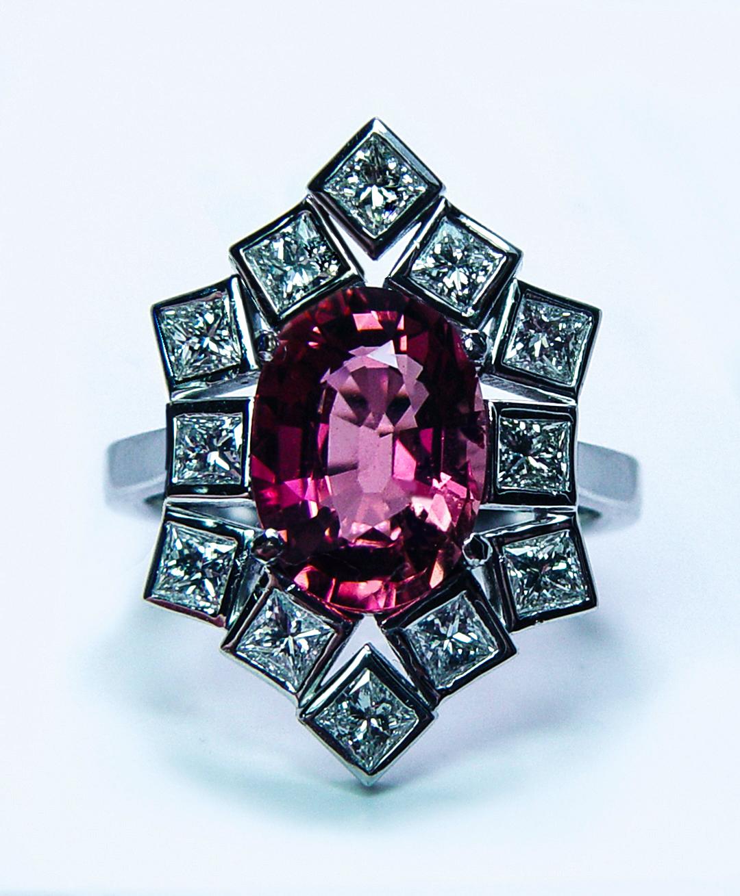 Women's Vintage Tourmaline Princess Diamond Cocktail Ring 18K White Gold Estate Giant For Sale