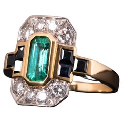 Vintage Tourmaline, Sapphire and Diamond Ring, Art Deco Style Gold Diamond Ring