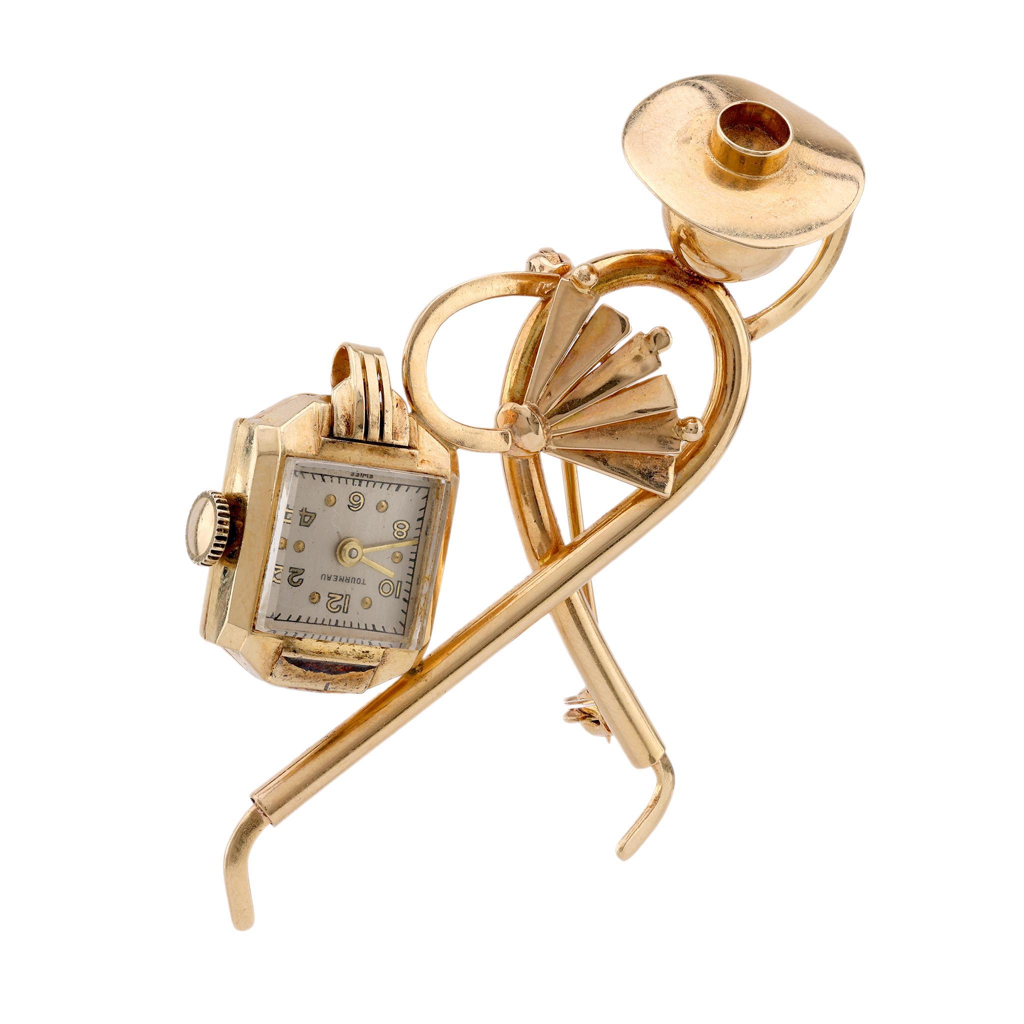 Broche reloj figura vintage Tourneau de oro amarillo de 14 quilates en Excelente Estado en Beverly Hills, CA
