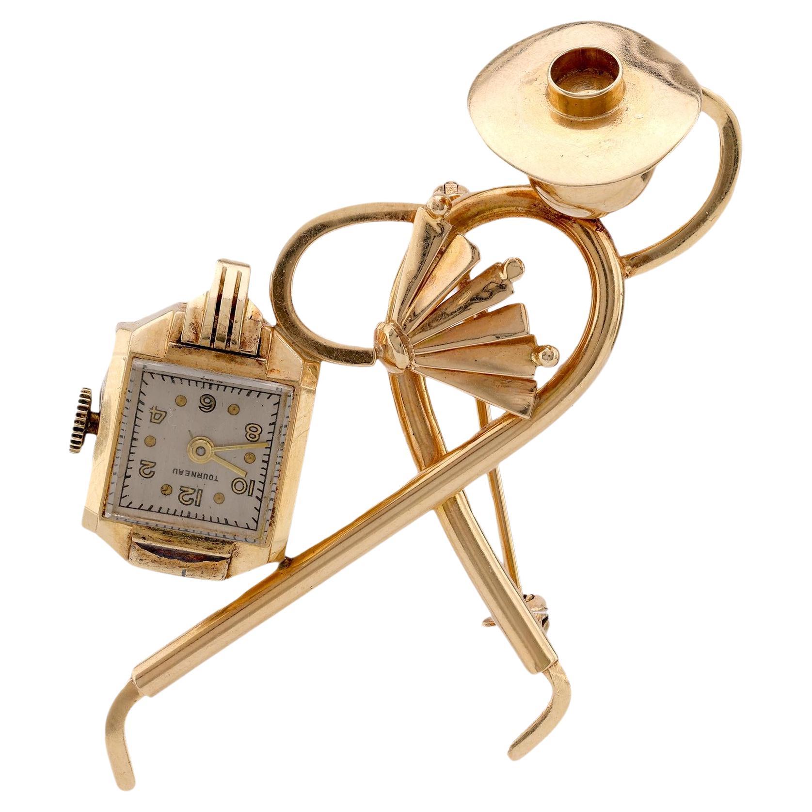 Vintage Tourneau 14K Yellow Gold Figure Watch Brooch For Sale at 1stDibs