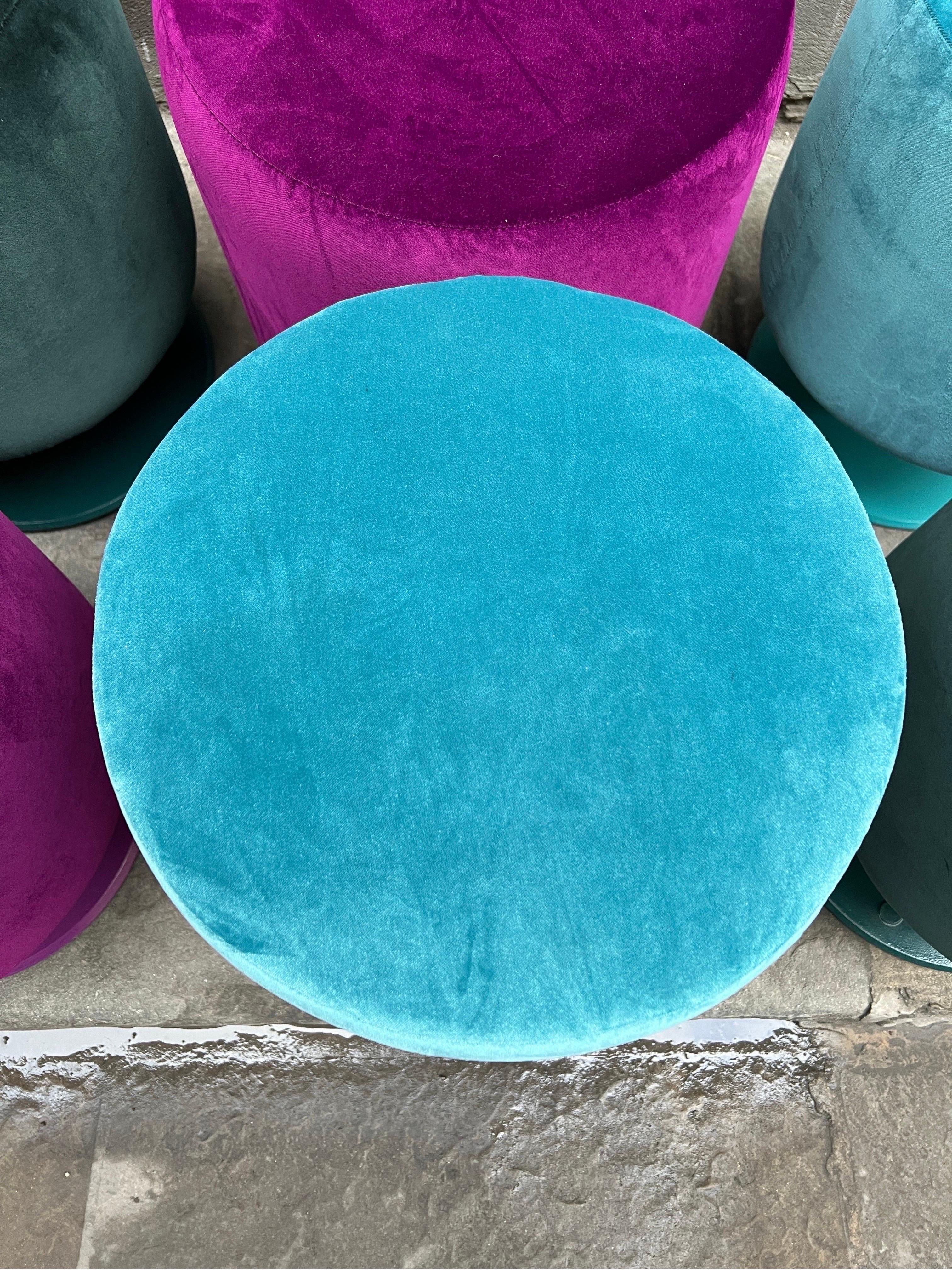 Metallo Pouf vintage in Tourquoise appena rivestito in velluto, anni '70 in vendita