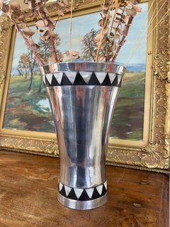 Vintage Towle Silversmiths Modernist Metal Vase with Black and geometric inlay.