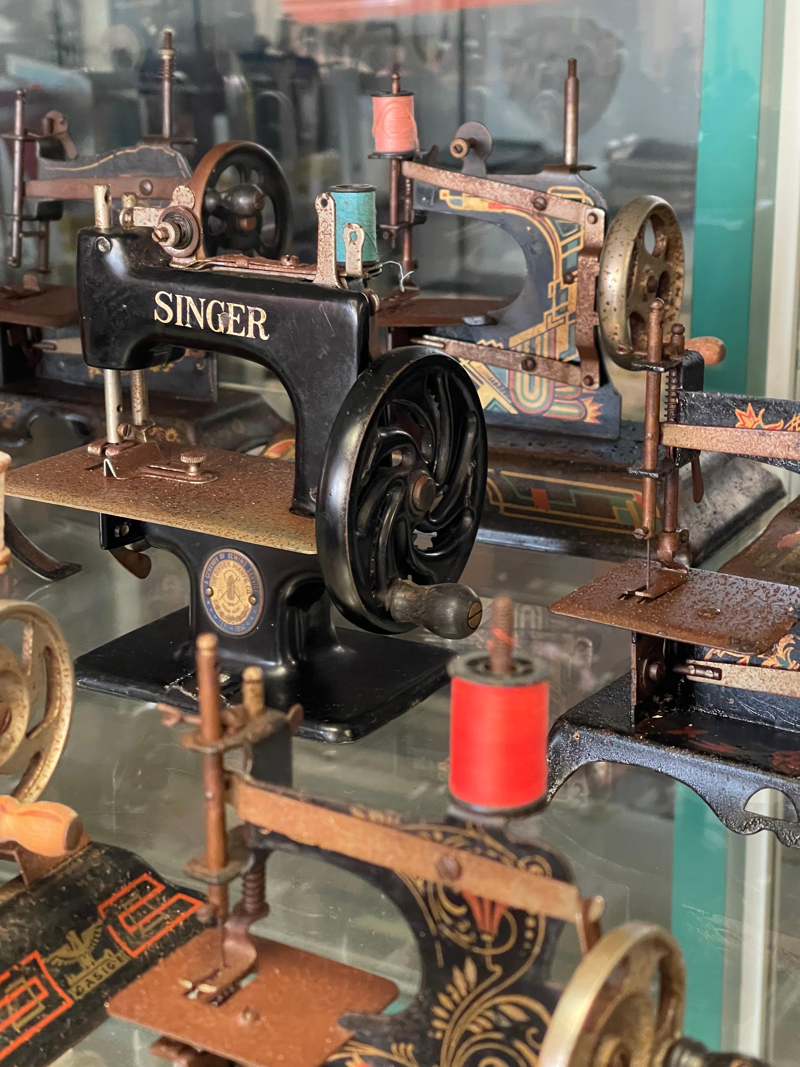 Vintage Toy Sewing Machine Collection Featuring Singer, Vulcan, Regina, Elna, an 3
