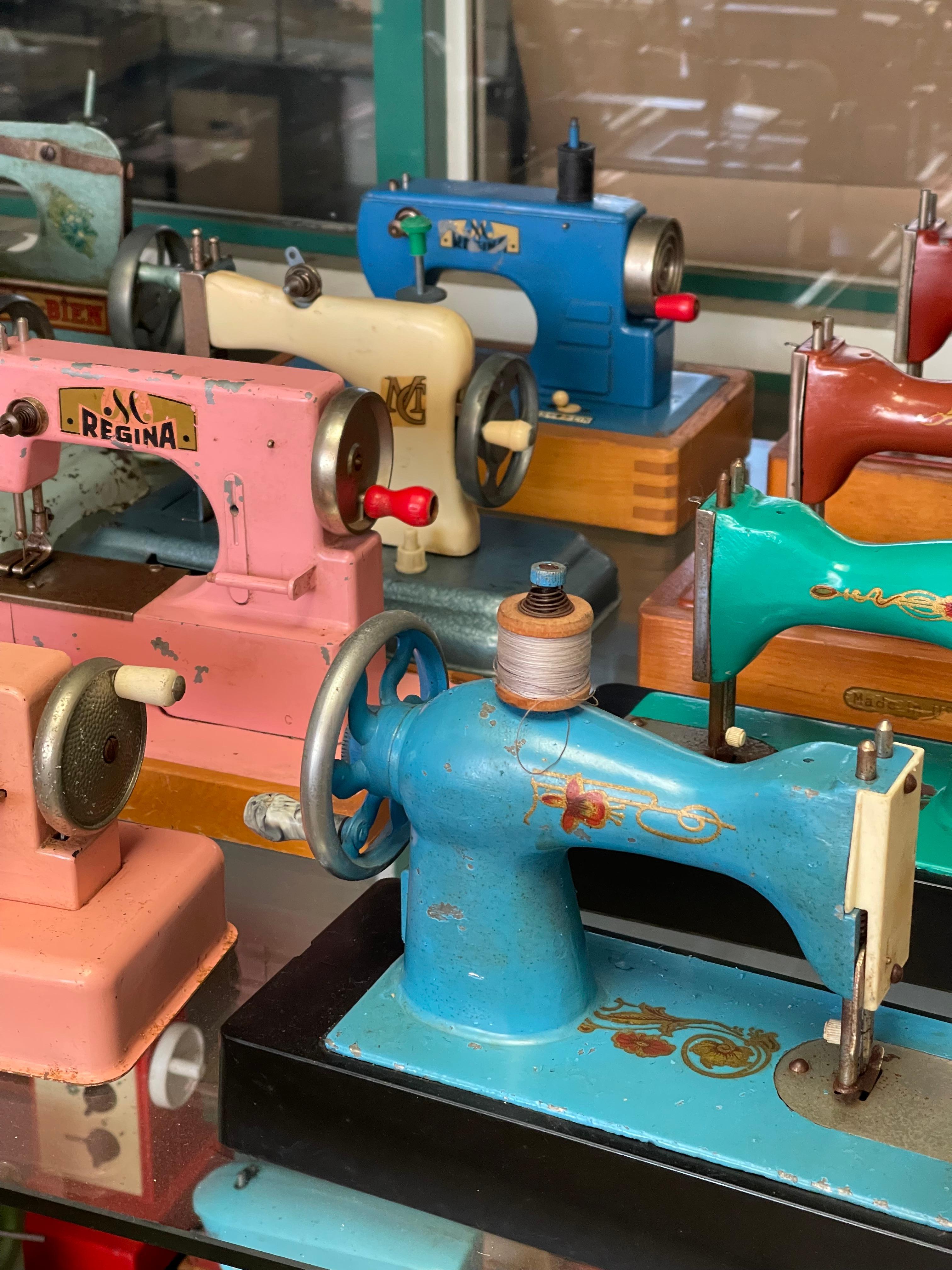 Vintage Toy Sewing Machine Collection Featuring Singer, Vulcan, Regina, Elna, an 6