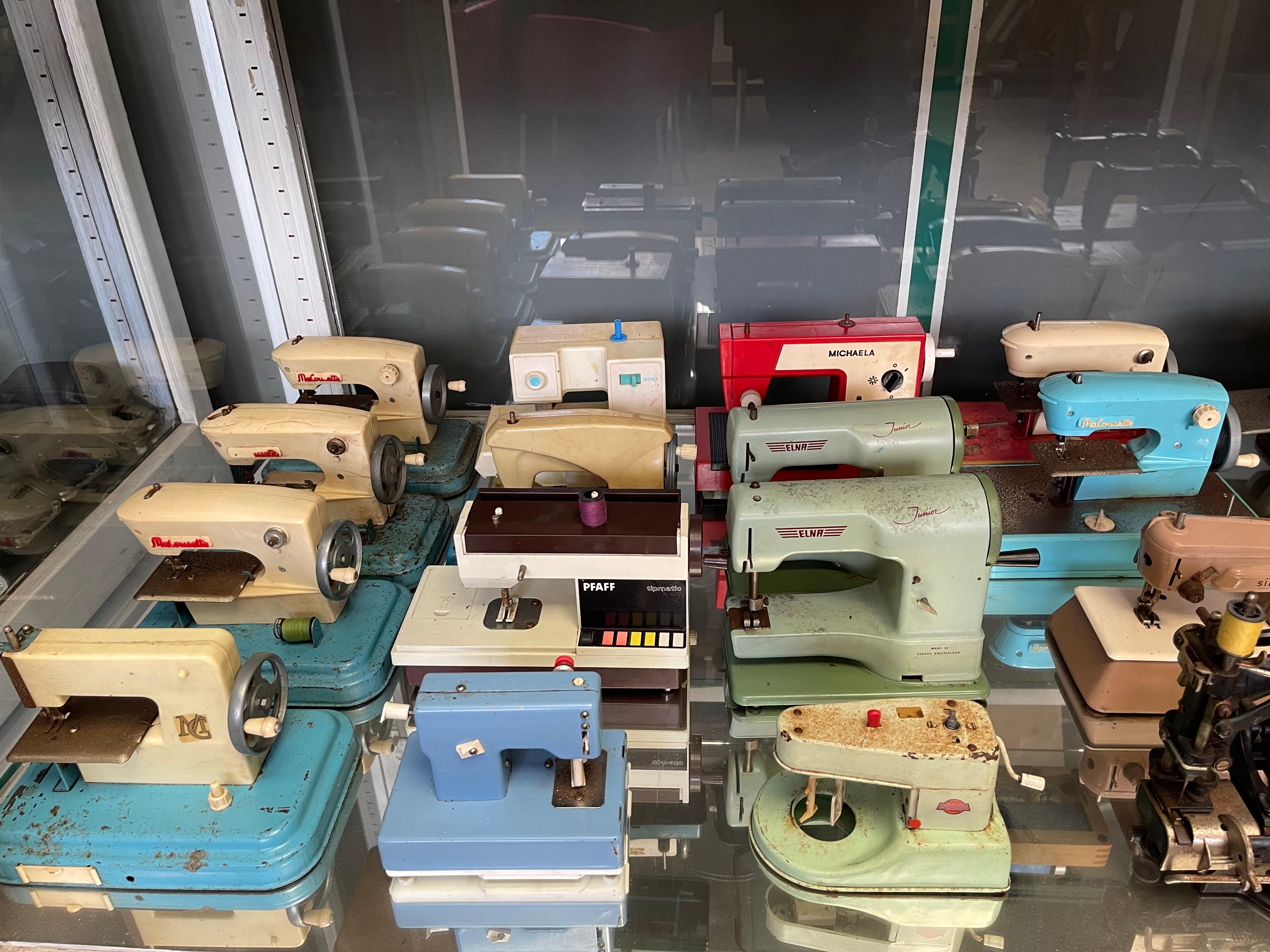 Vintage Toy Sewing Machine Collection Featuring Singer, Vulcan, Regina, Elna, an 1