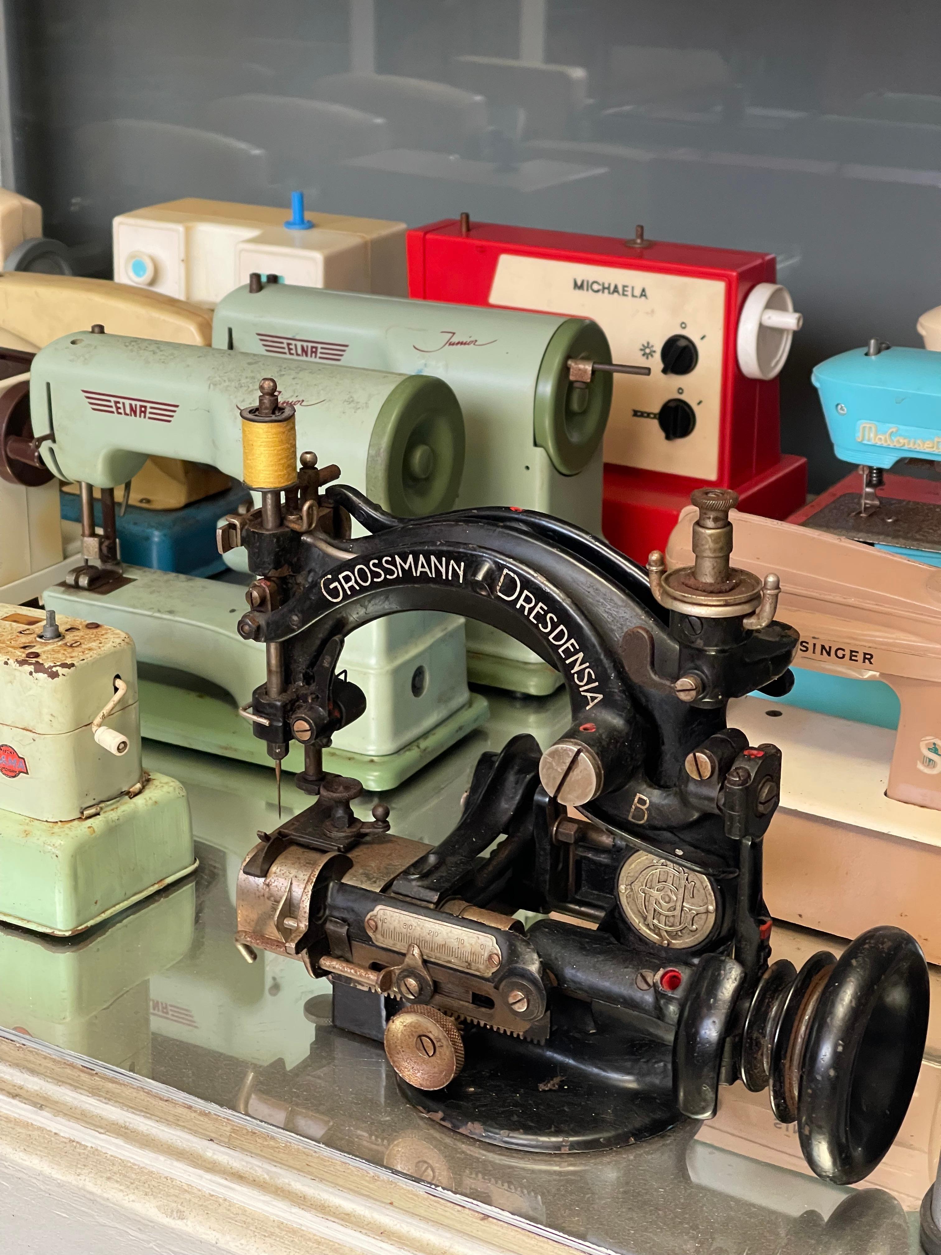 Vintage Toy Sewing Machine Collection Featuring Singer, Vulcan, Regina, Elna, an 2