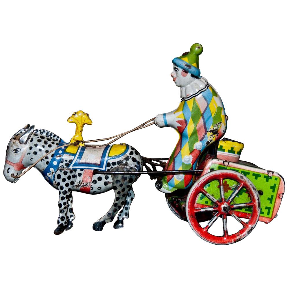 Vintage Toy, Wind up Clown on Cart and Donkey, 1960s
