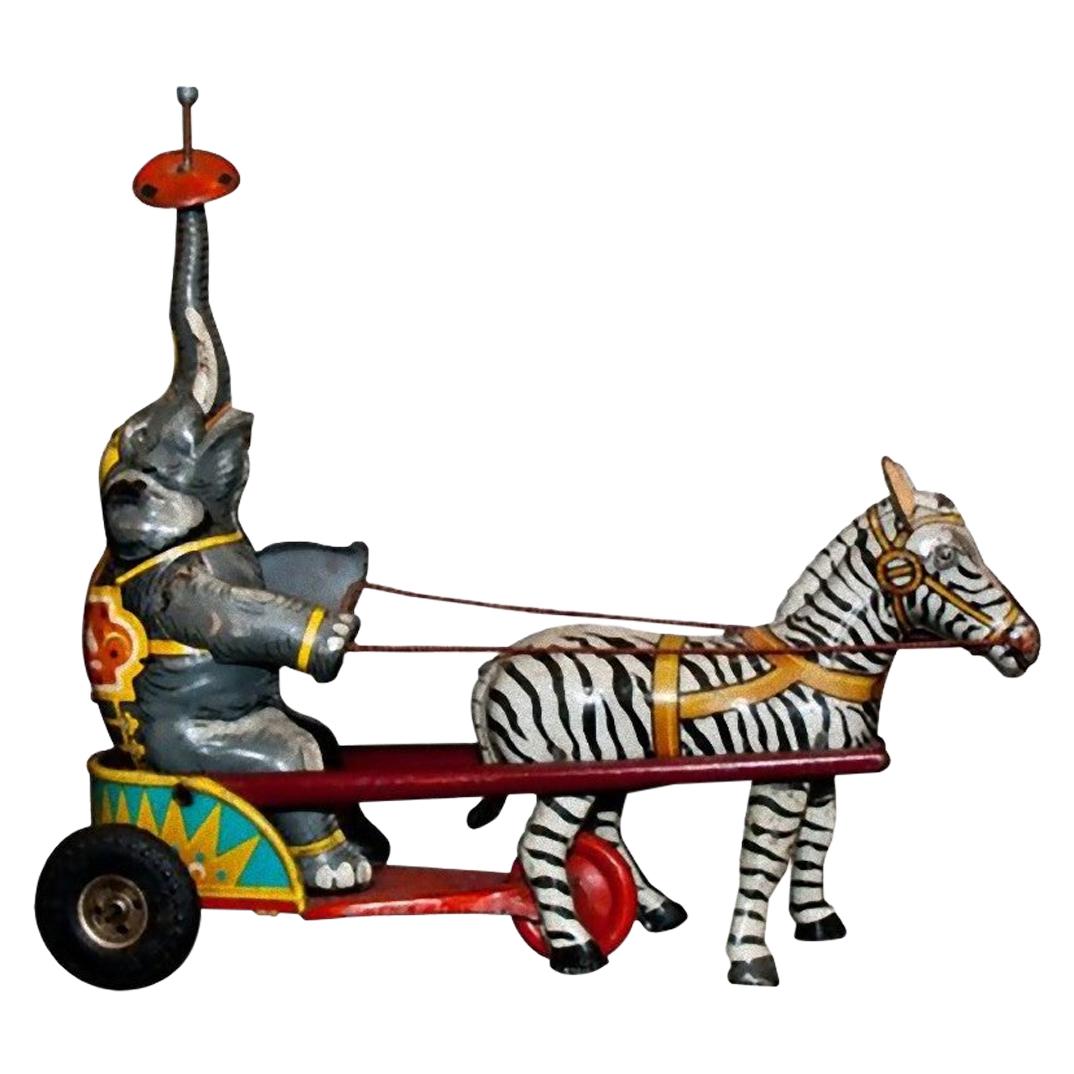 Vintage Toy, Wind up Elephant and Zebra Circus, Made in Germany, 1940s