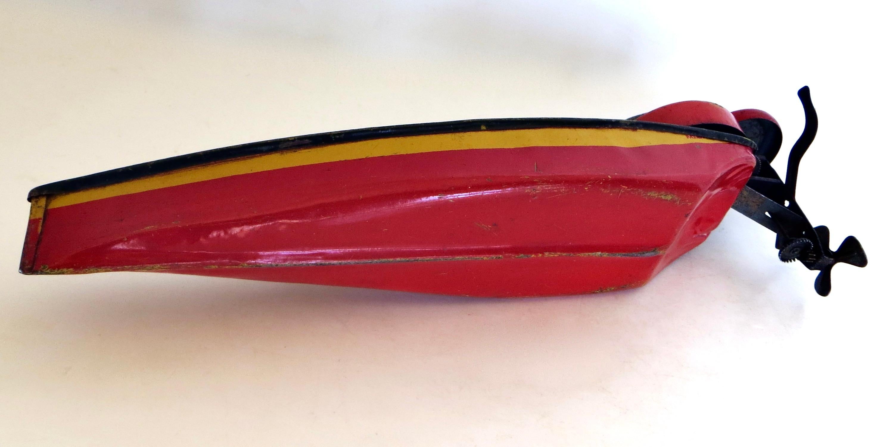 Mid-20th Century Vintage Toy Wind-Up Speed Boat with Driver by Lindstrom Toy Co., American 1933 For Sale