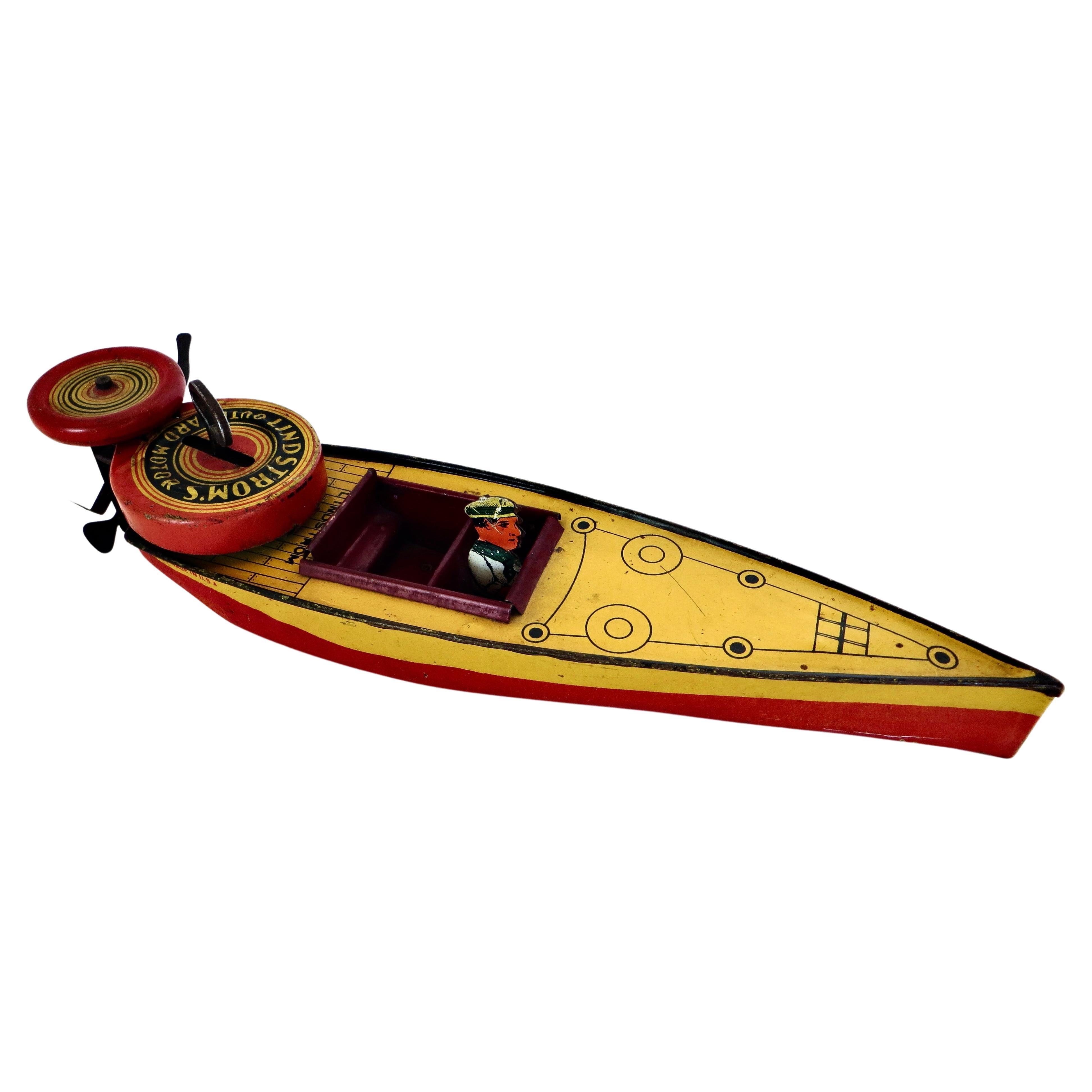 Vintage Toy Wind-Up Speed Boat with Driver by Lindstrom Toy Co., American 1933