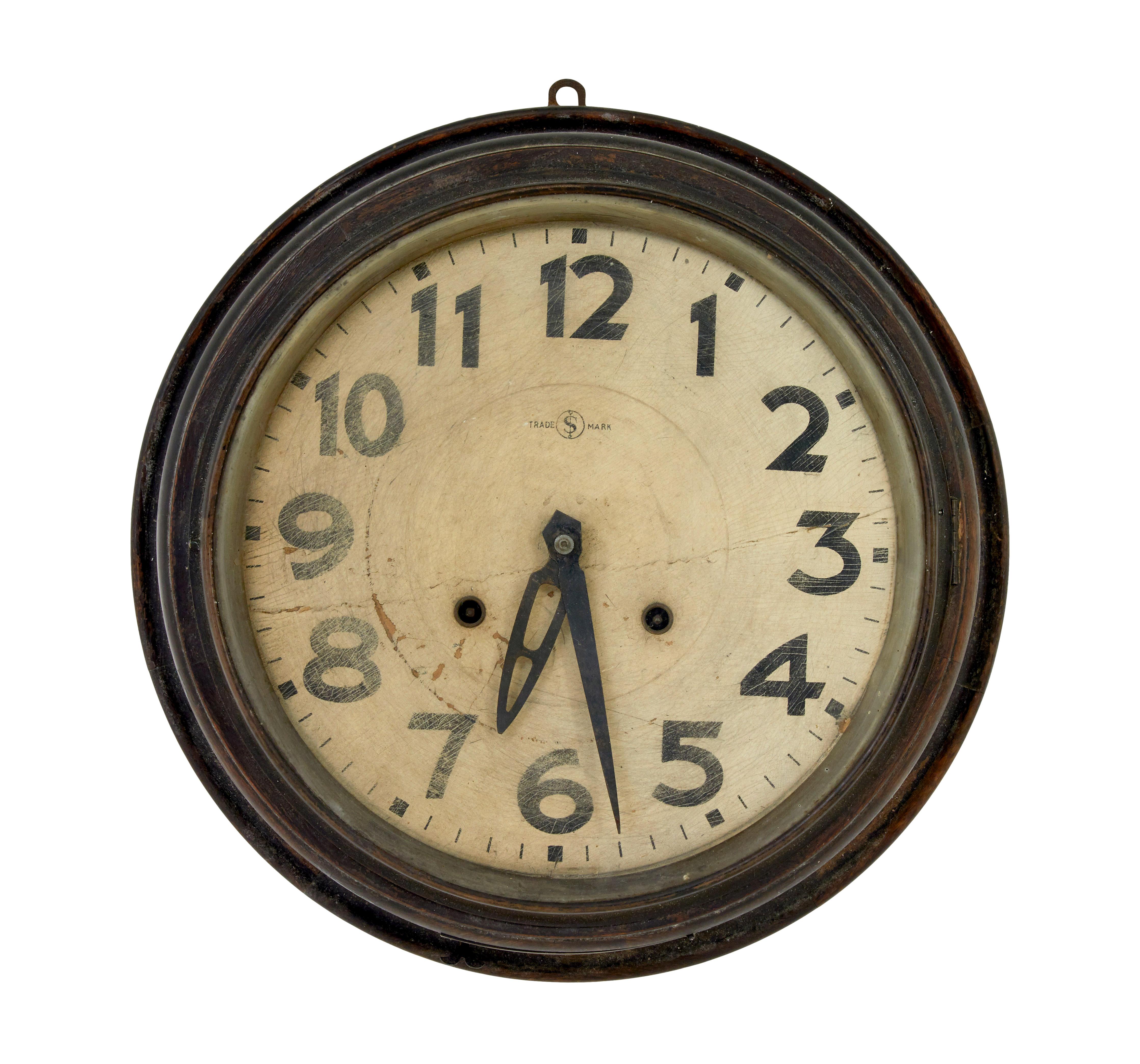 Vintage trade s mark Japanese tokyo wall clock circa 1920.

Ww2 Japanese trade s mark wall clock.  Presented in original condition, later painted which is now wearing through to the bare wood.  Original paper dial which shows obvious signs of wear