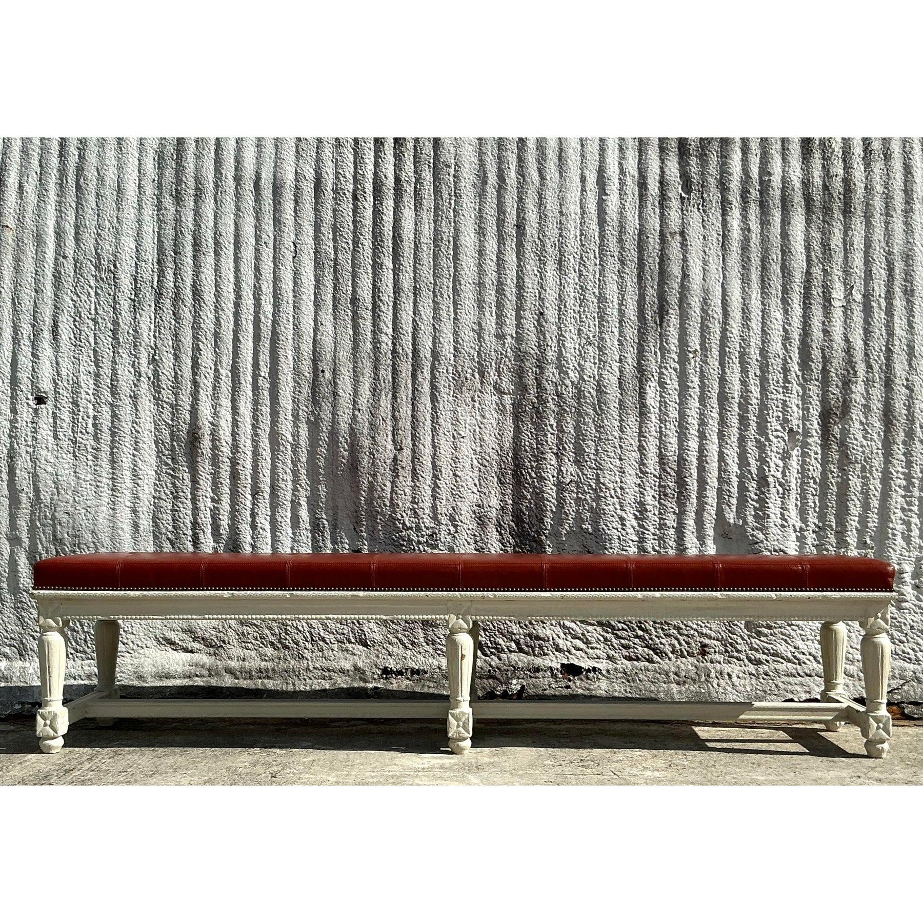 American Vintage Traditional 19th Century Leather Bench For Sale