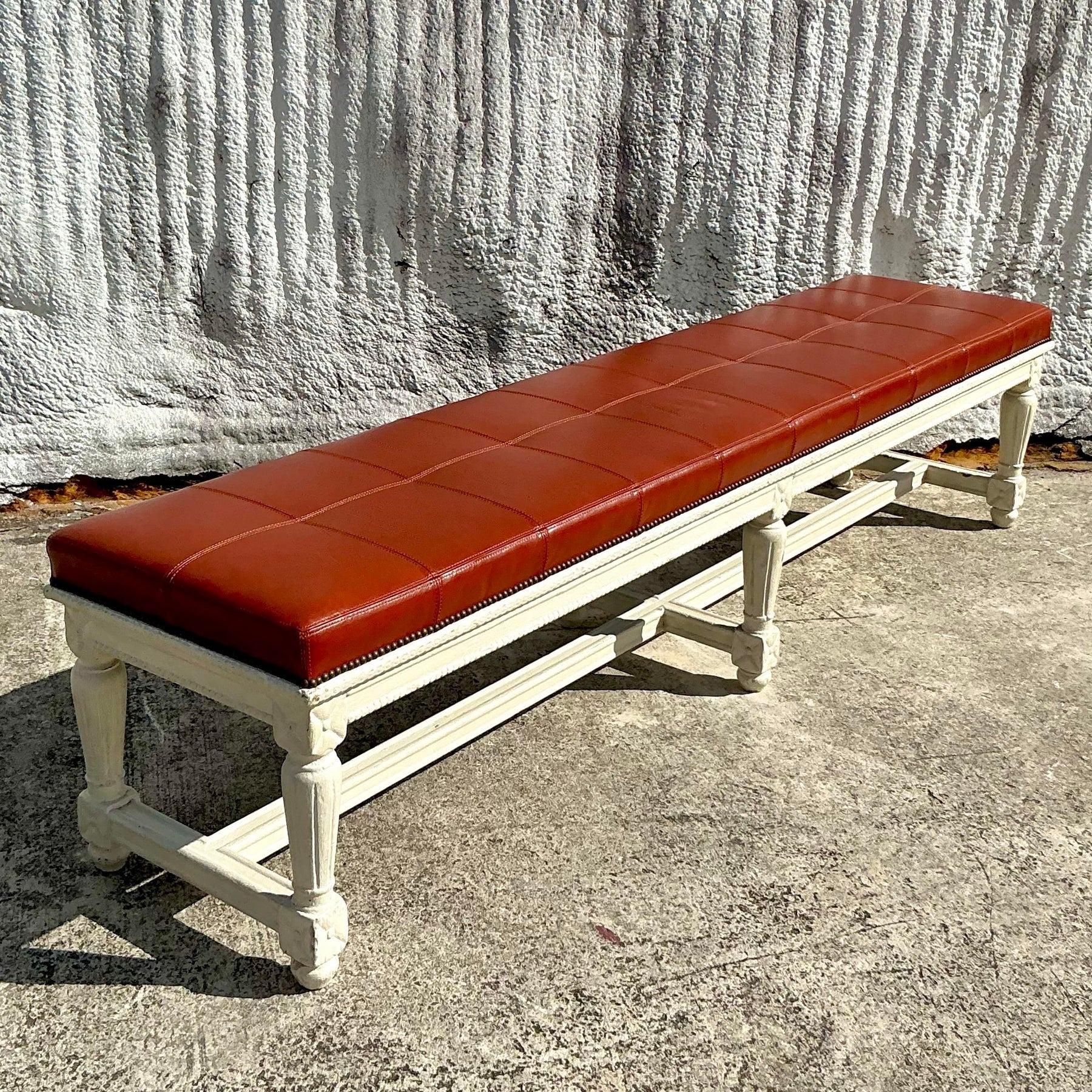 Vintage Traditional 19th Century Leather Bench For Sale 2