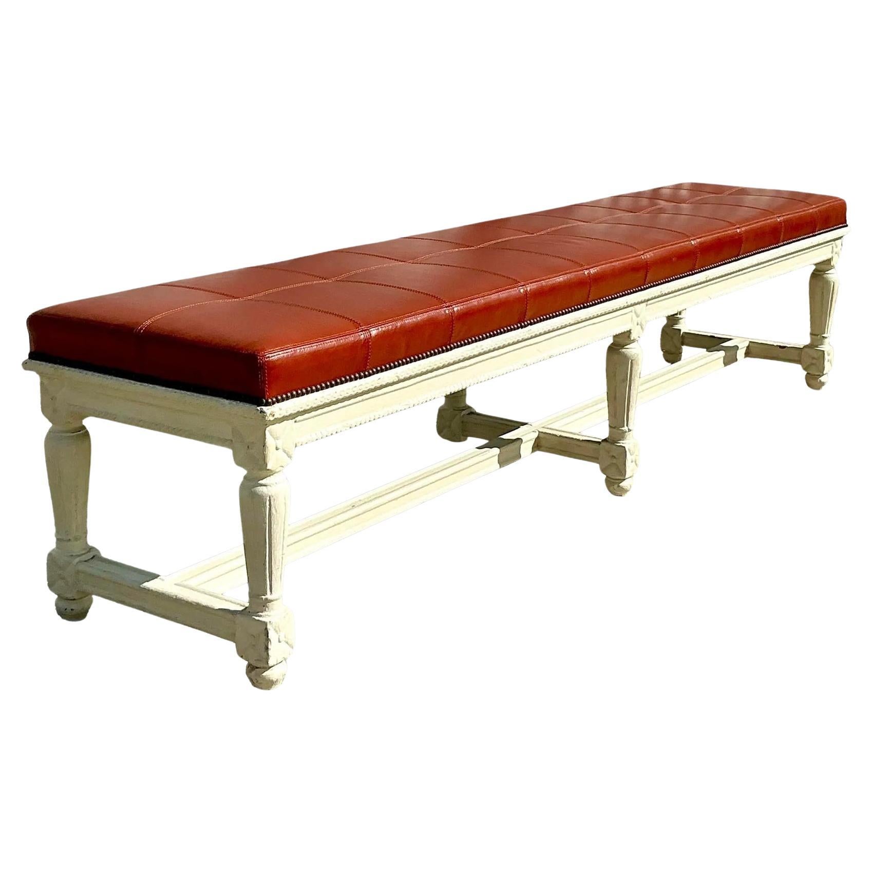 Vintage Traditional 19th Century Leather Bench For Sale
