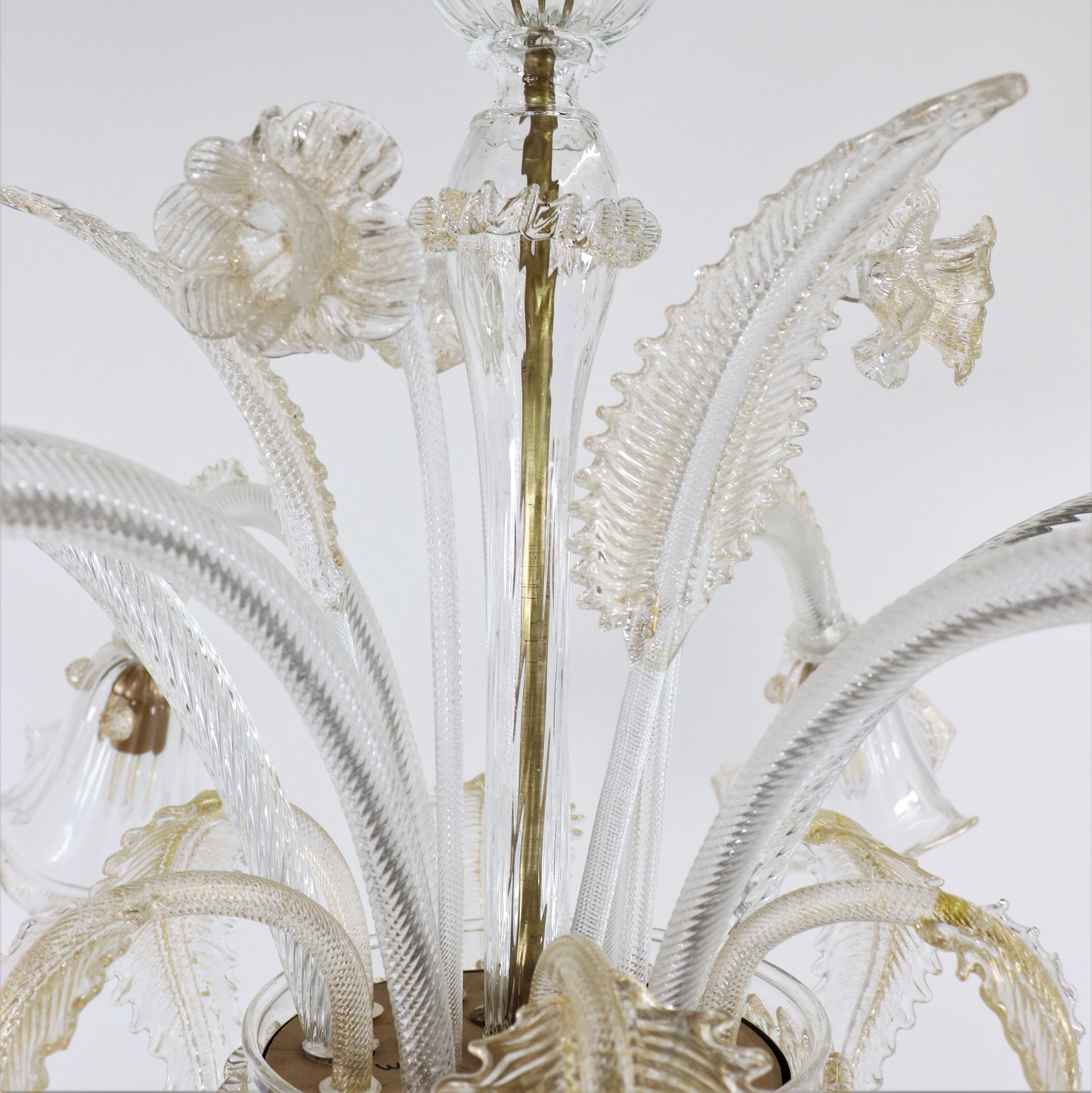 Vintage Traditional Baroque Style Floral Gold Infused Murano Glass Chandelier For Sale 3