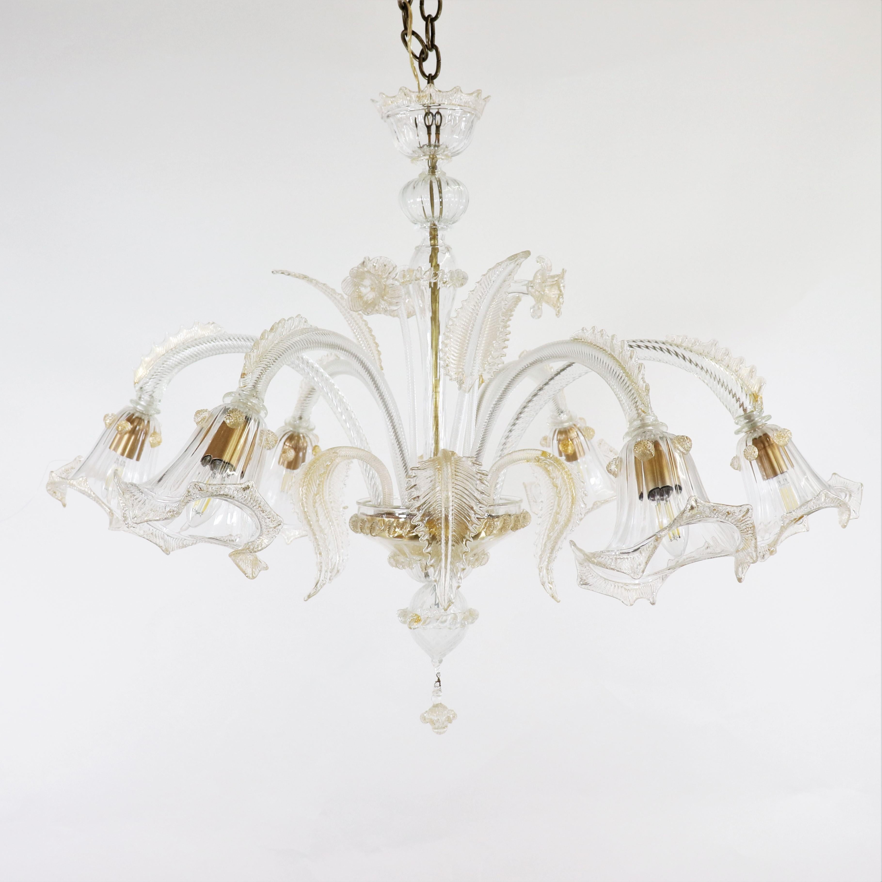 Italian Vintage Traditional Baroque Style Floral Gold Infused Murano Glass Chandelier For Sale