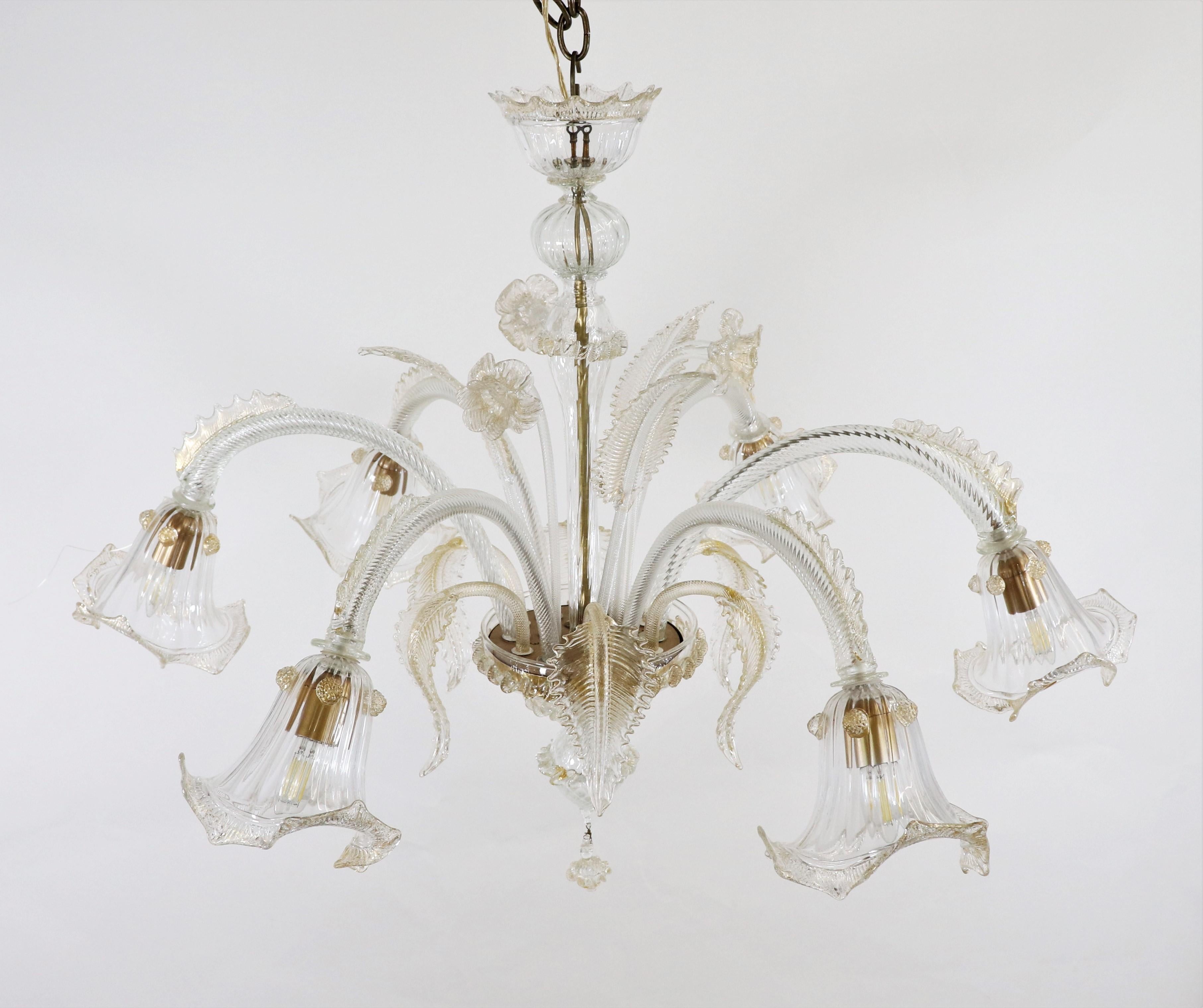 Hand-Crafted Vintage Traditional Baroque Style Floral Gold Infused Murano Glass Chandelier For Sale