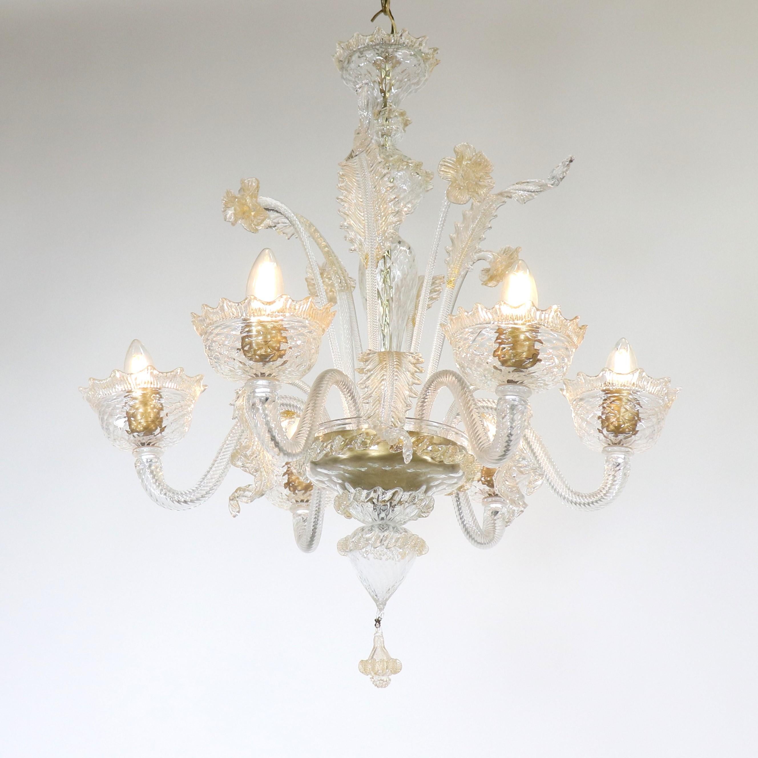 Mid-Century moderno Vintage Traditional Baroque Style Floral Six-Arm 24k Gold Infused Cristallo Mura