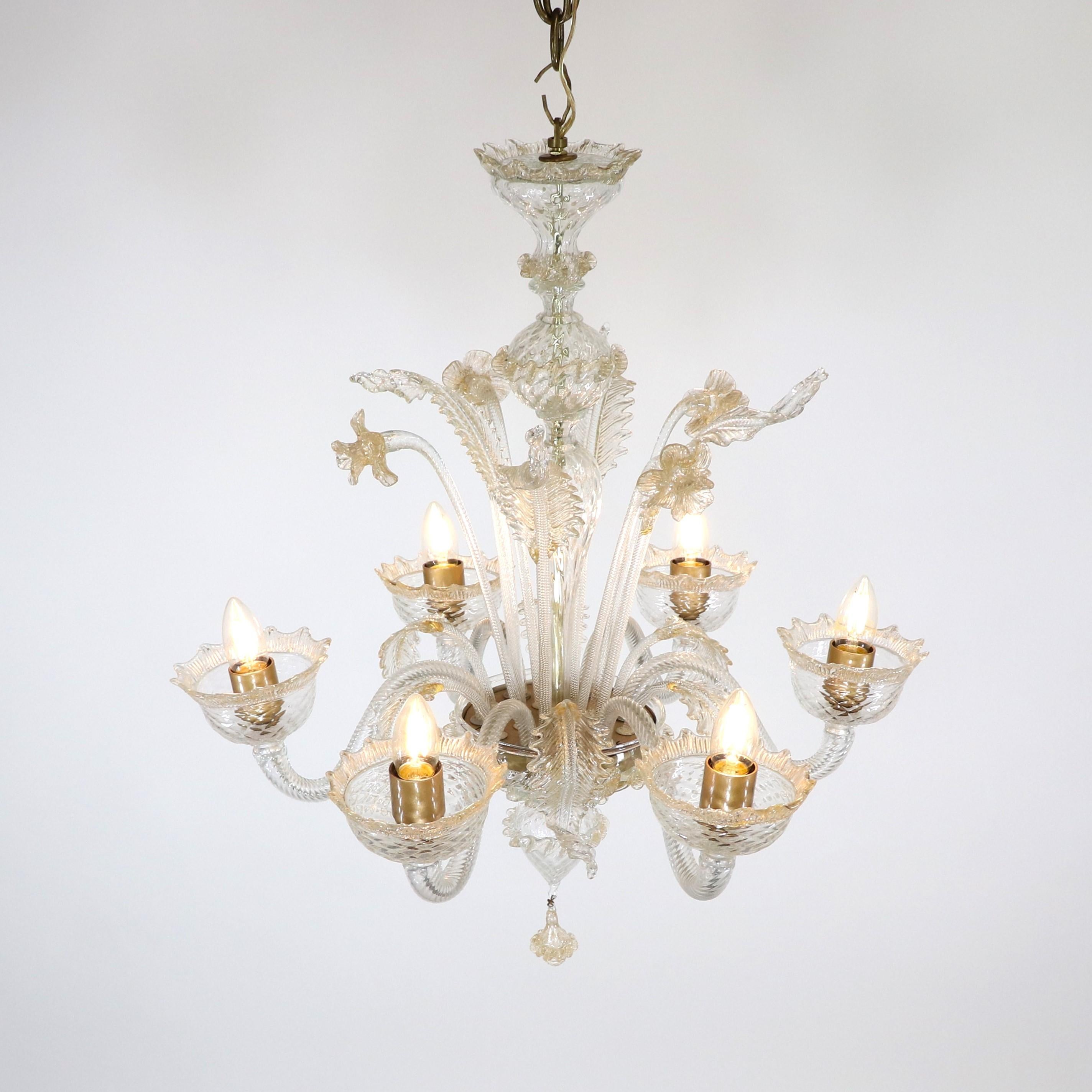 Italiano Vintage Traditional Baroque Style Floral Six-Arm 24k Gold Infused Cristallo Mura