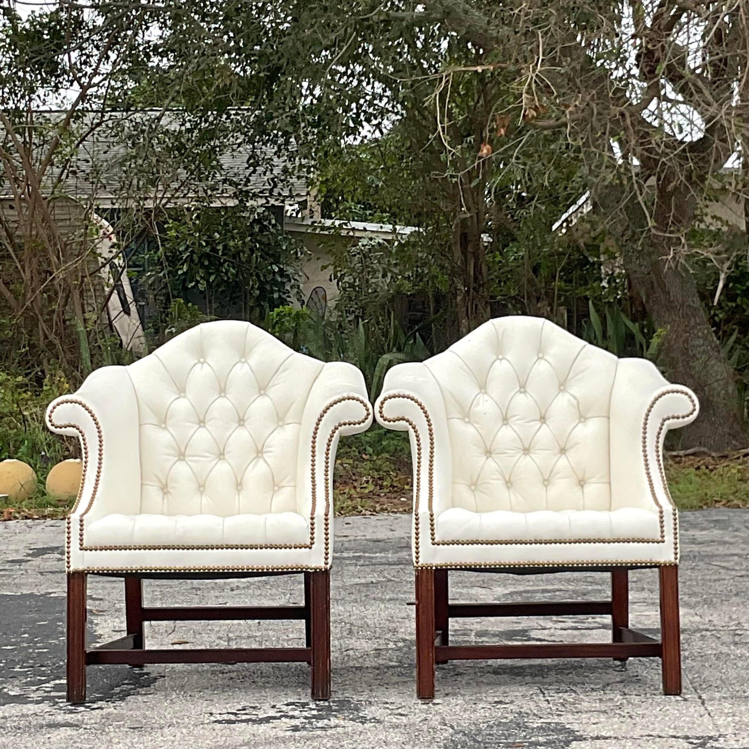 American Vintage Traditional Camel Back Tufted Leather Arm Chairs - a Pair For Sale