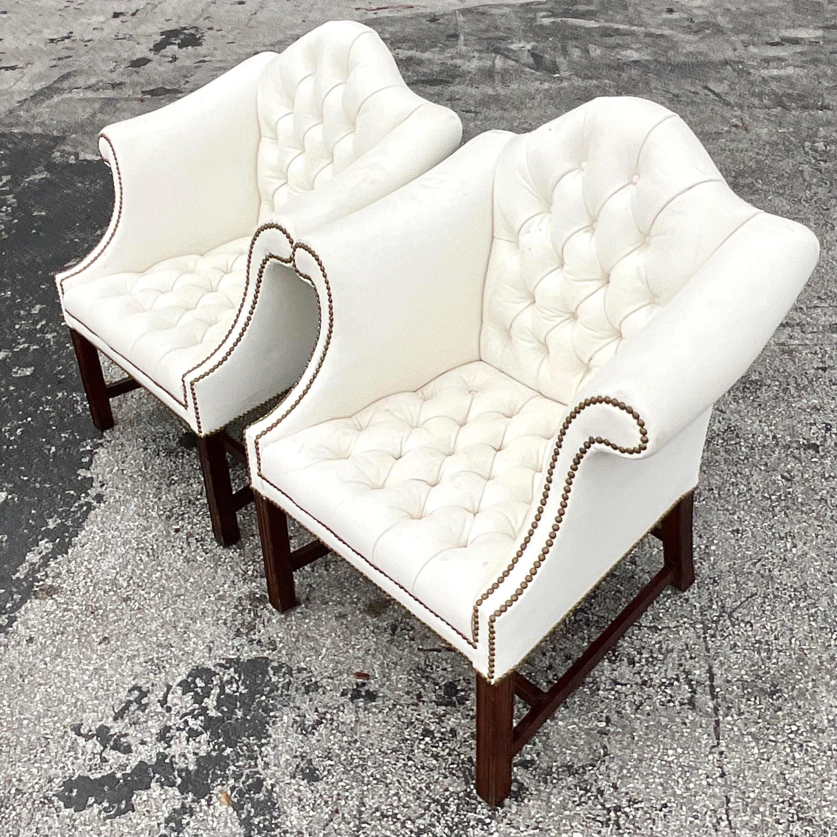 Vintage Traditional Camel Back Tufted Leather Arm Chairs - a Pair In Good Condition For Sale In west palm beach, FL
