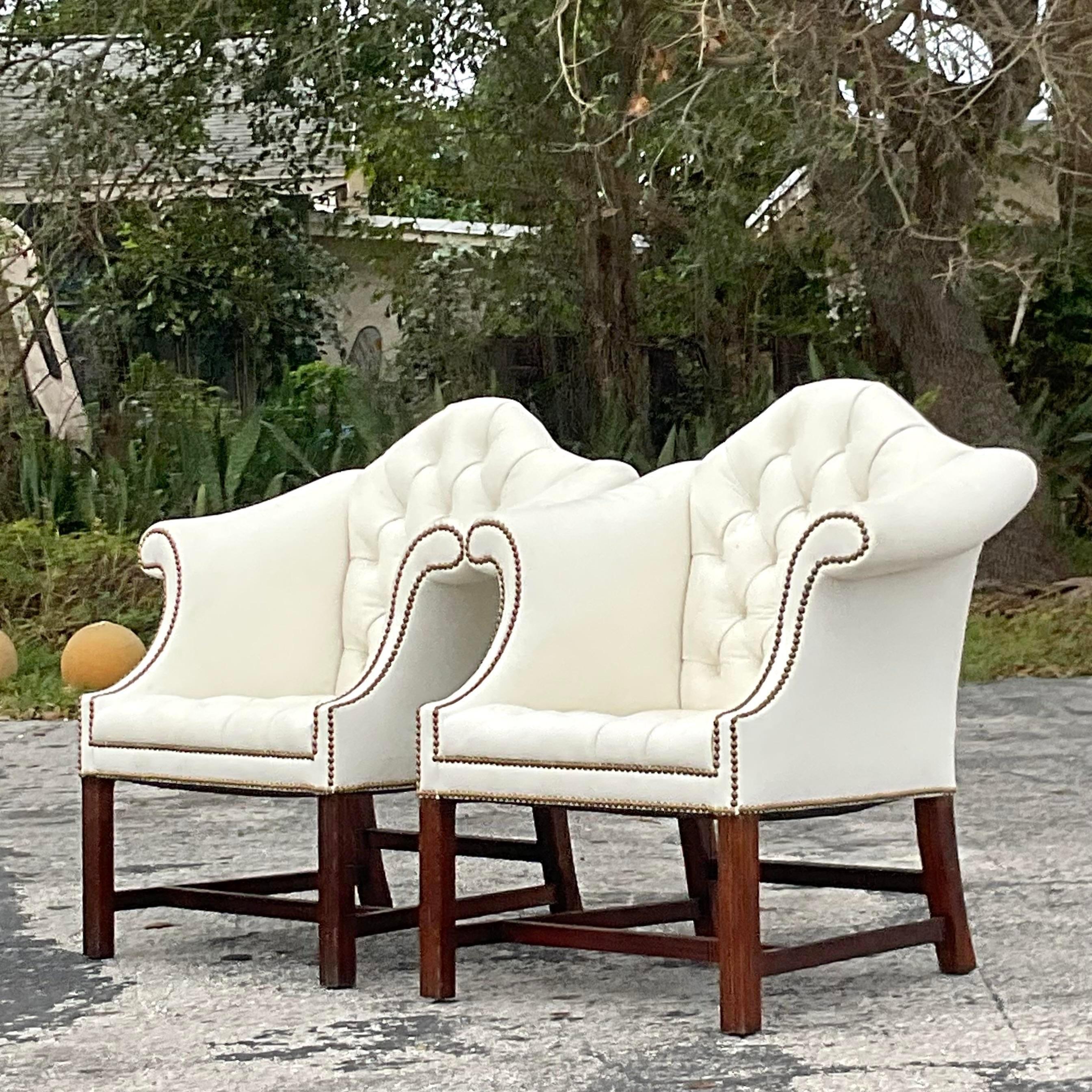 20th Century Vintage Traditional Camel Back Tufted Leather Arm Chairs - a Pair For Sale