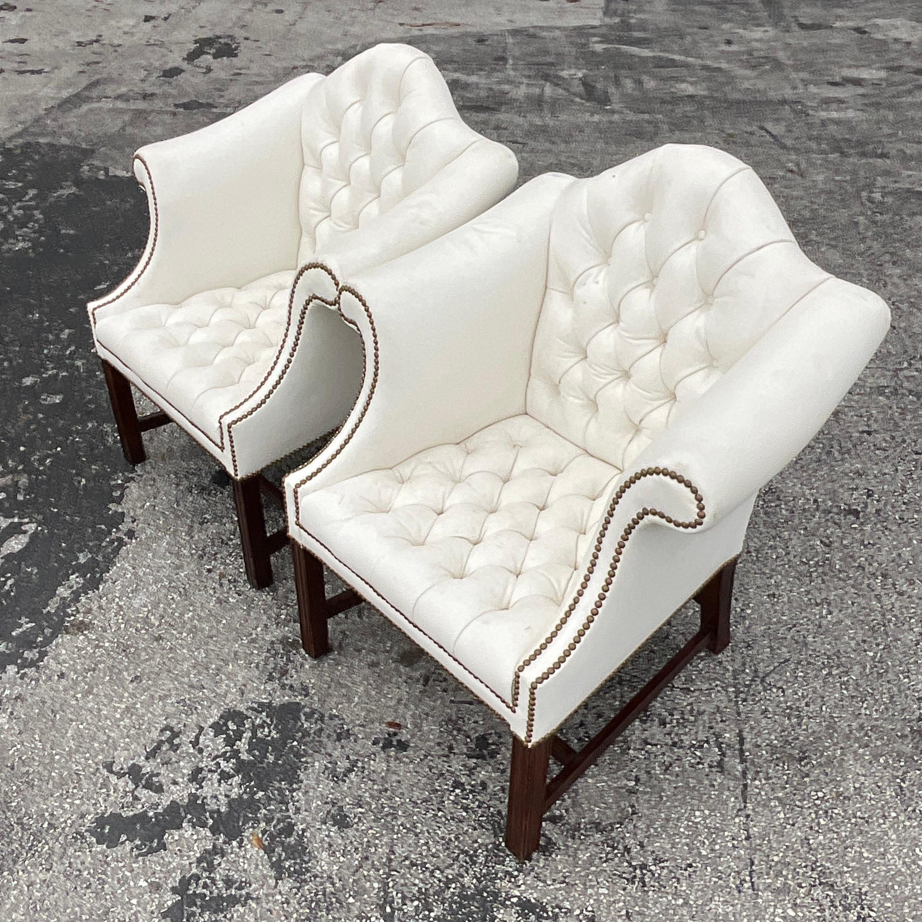 Vintage Traditional Camel Back Tufted Leather Arm Chairs - a Pair For Sale 1