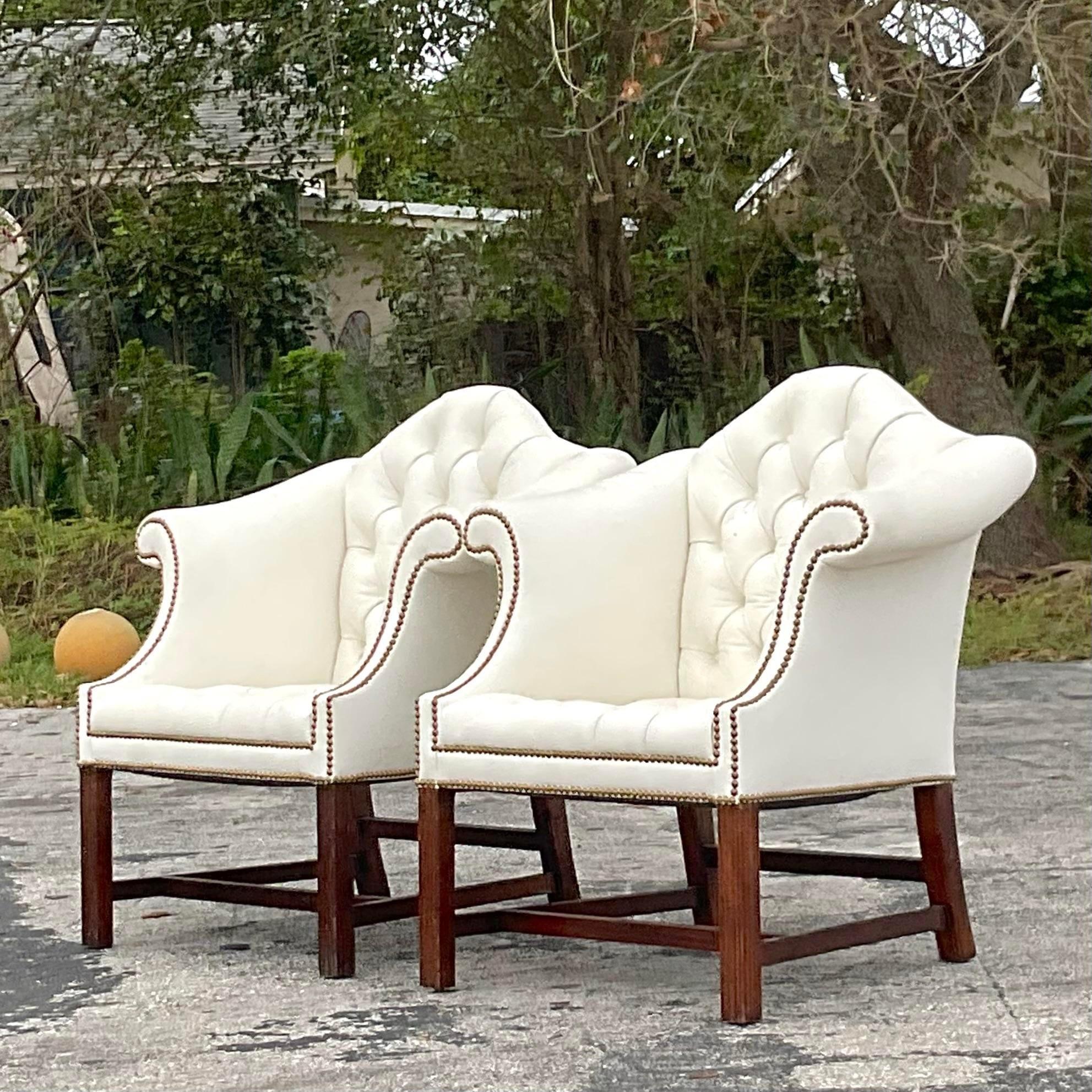 Vintage Traditional Camel Back Tufted Leather Arm Chairs - a Pair For Sale 2