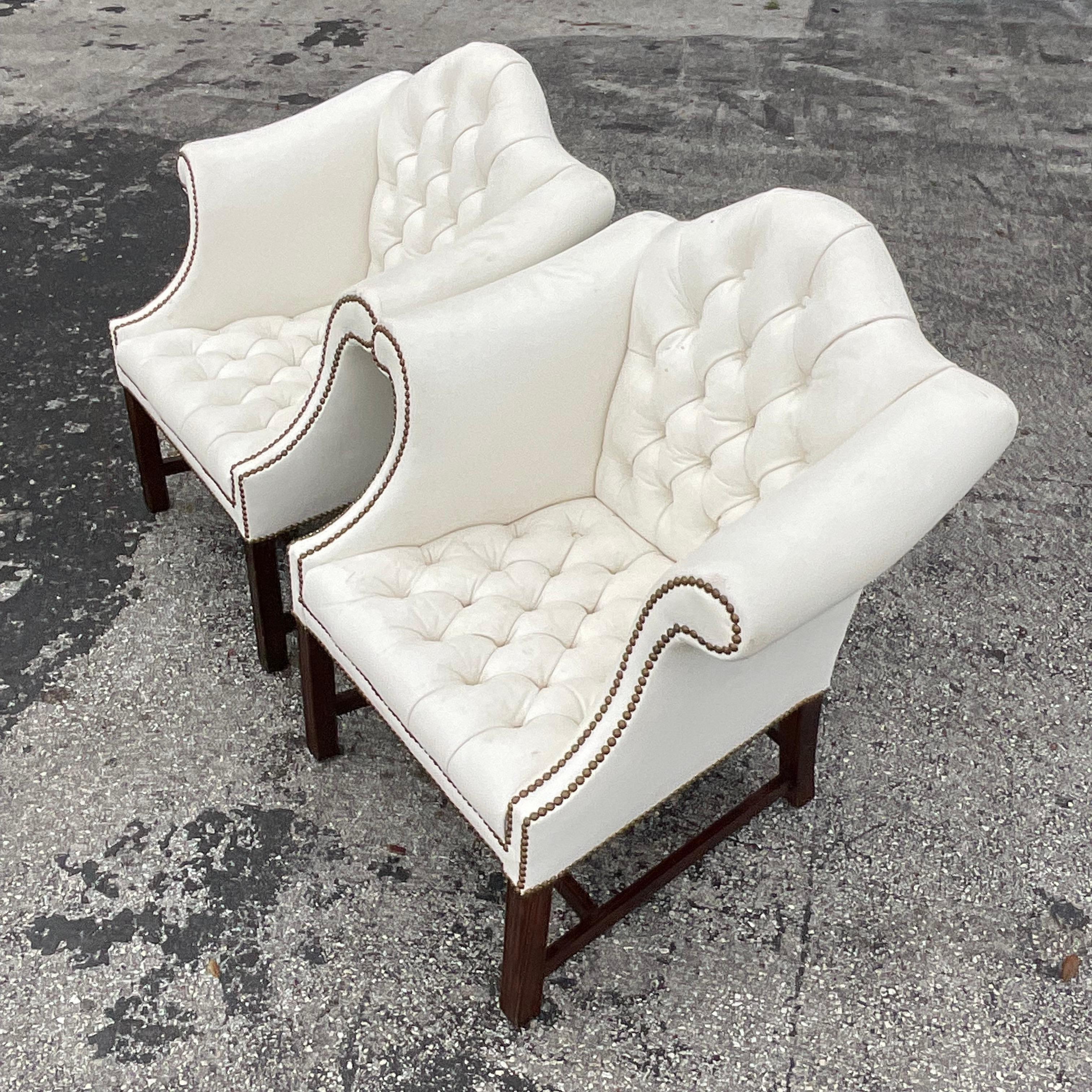 Vintage Traditional Camel Back Tufted Leather Arm Chairs - a Pair For Sale 3