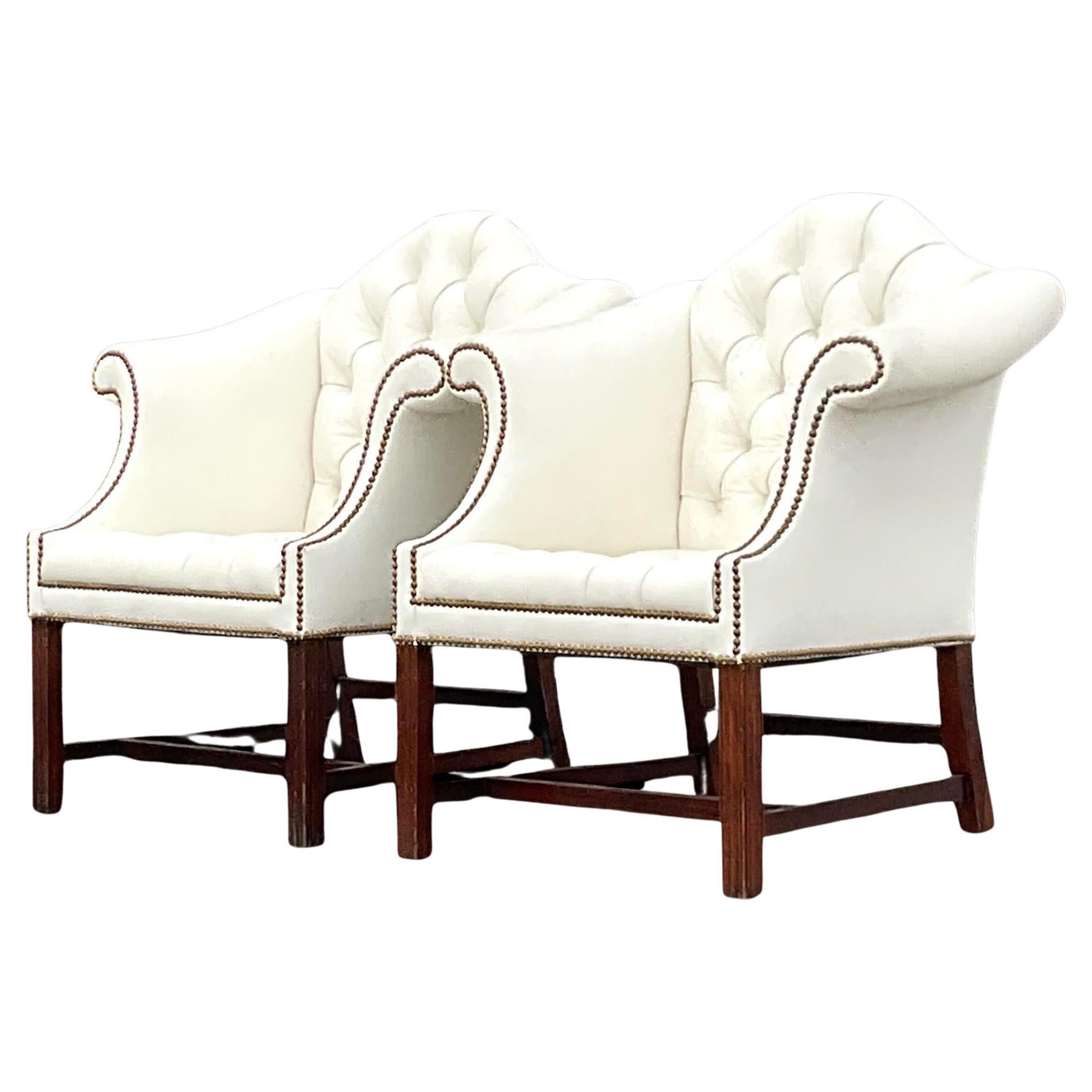 Vintage Traditional Camel Back Tufted Leather Arm Chairs - a Pair For Sale