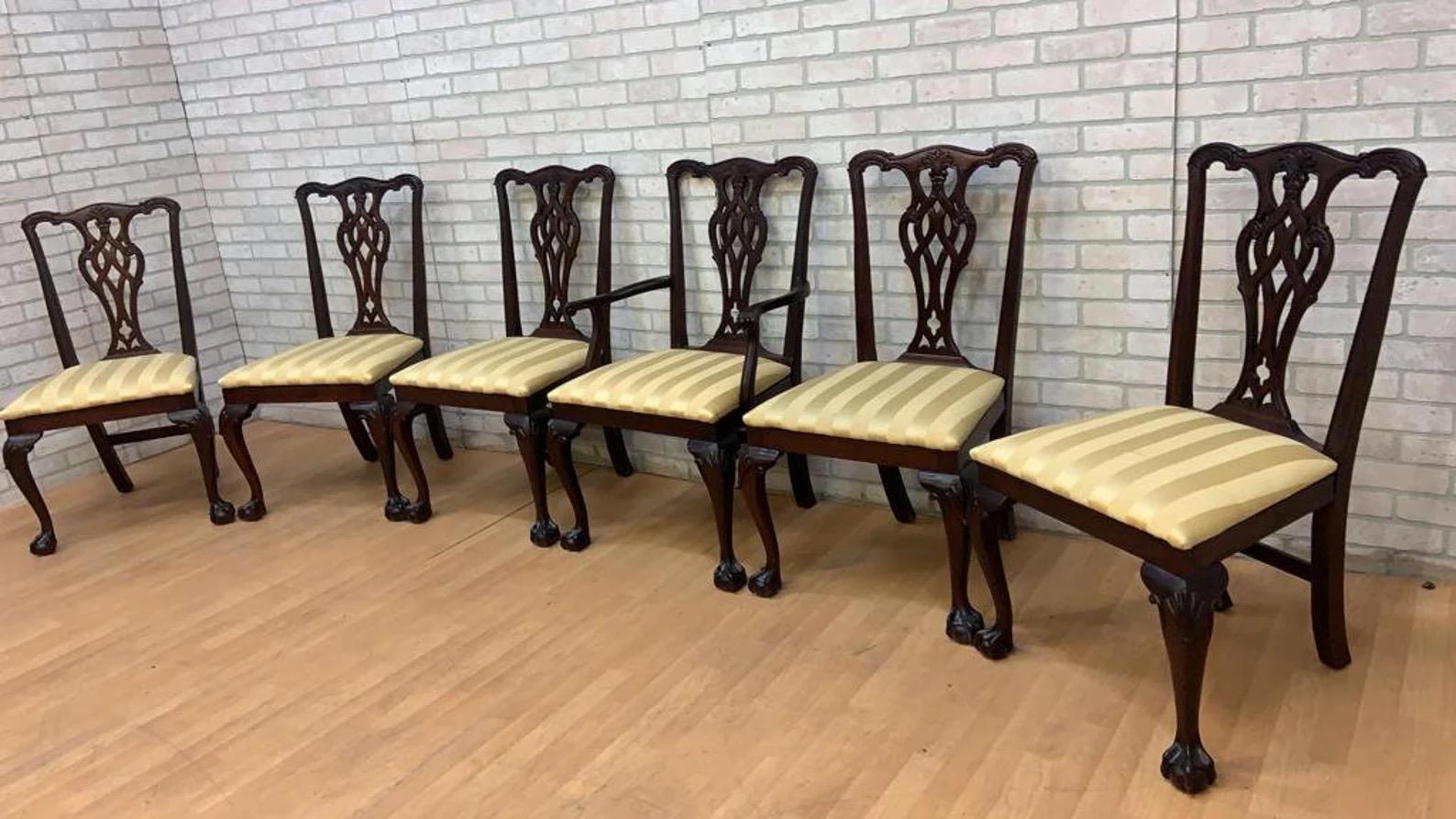 Sedie da pranzo Chippendale tradizionali d'epoca in mogano Ball and Claw - Set di 6 sedie

Con 6 sedie da pranzo chippendale in mogano vintage intagliate e decorate. Il set da 6 comprende 5 sedie laterali e 1 poltrona.

Circa: 20°