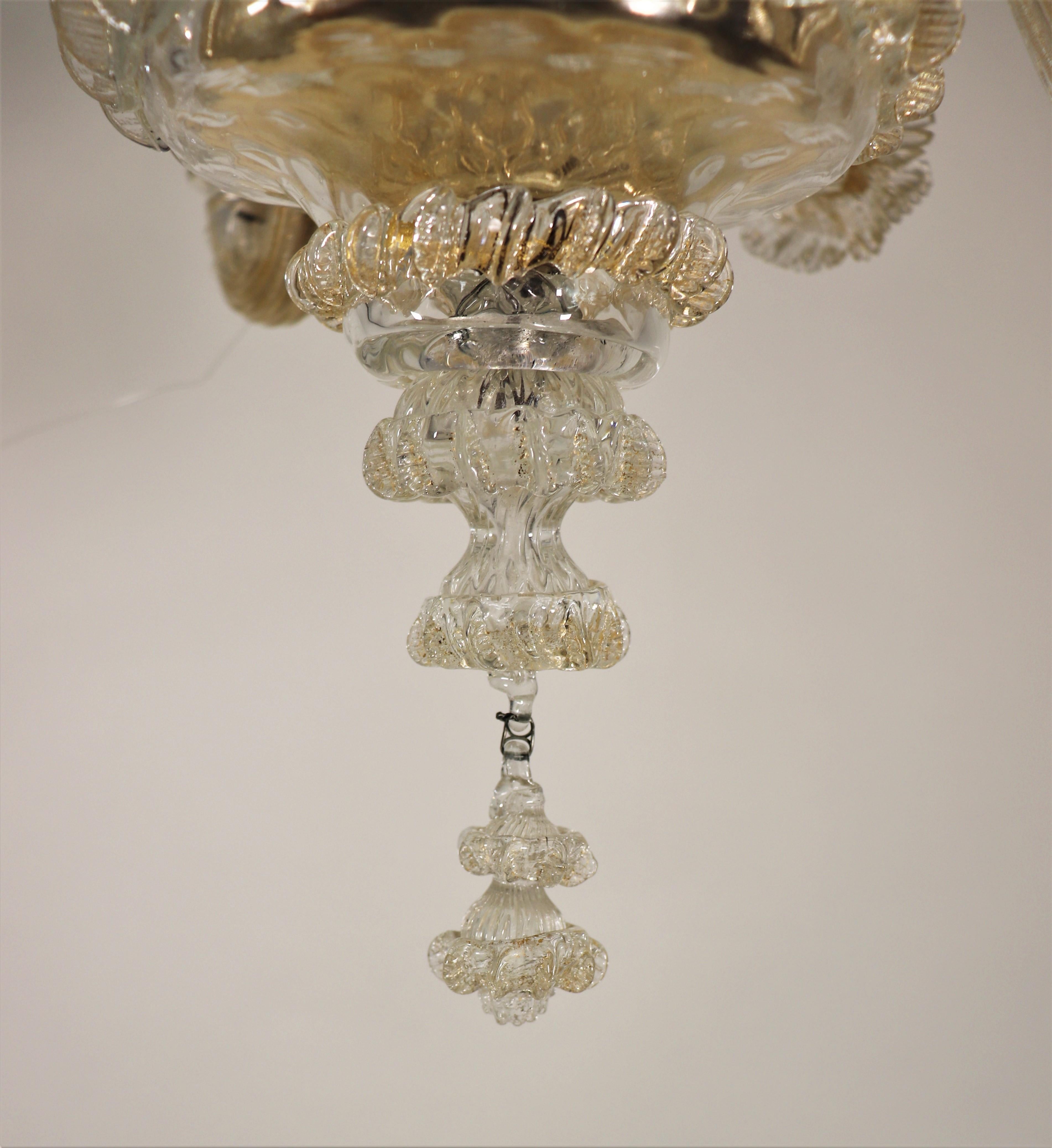 Vintage Traditional Floral Three-Arm 24k Gold Infused Murano Glass Chandelier For Sale 2