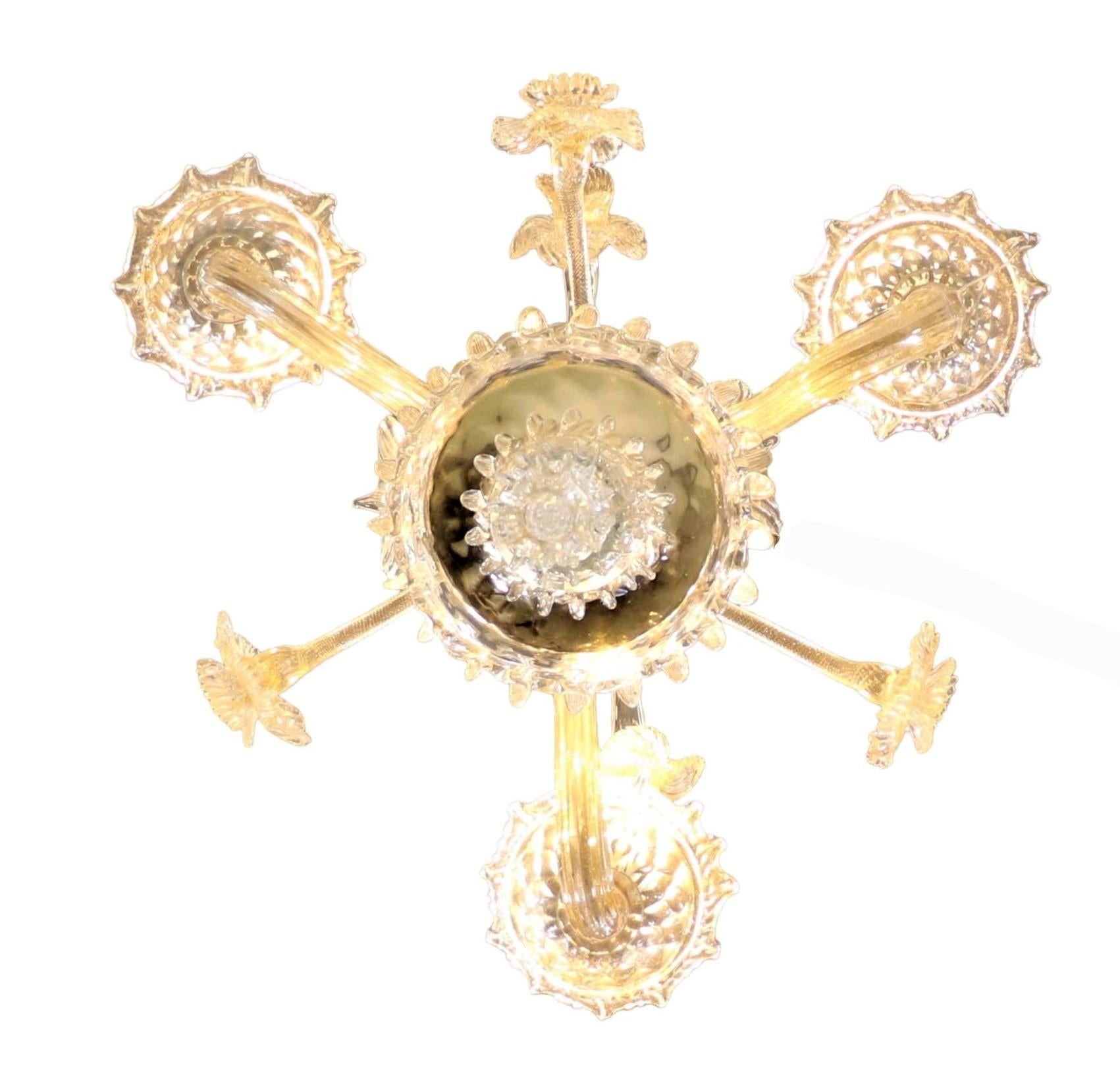 Vintage Traditional Floral Three-Arm 24k Gold Infused Murano Glass Chandelier For Sale 4