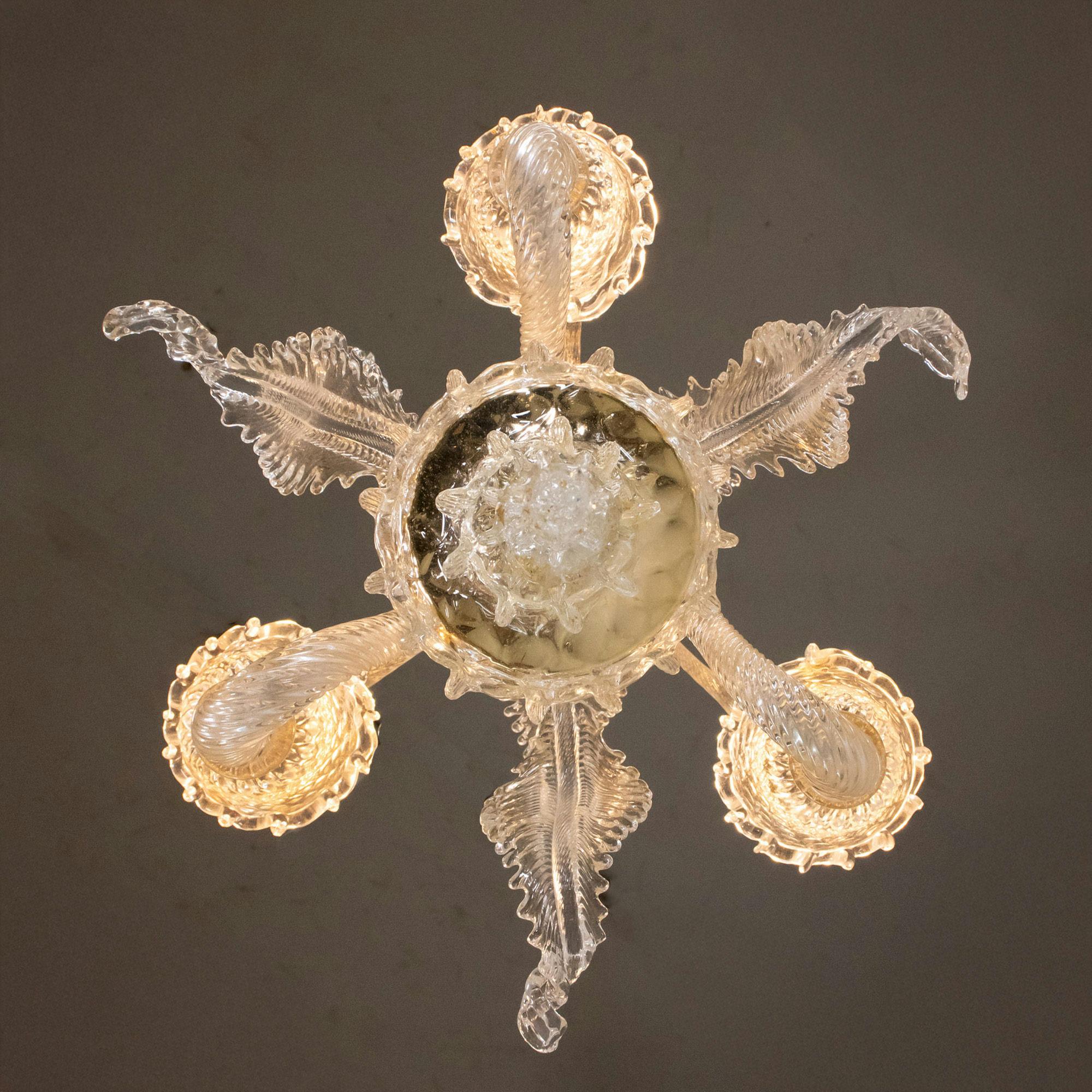 Vintage Traditional Floral Three-Arm 24k Gold Infused Murano Glass Chandelier For Sale 4