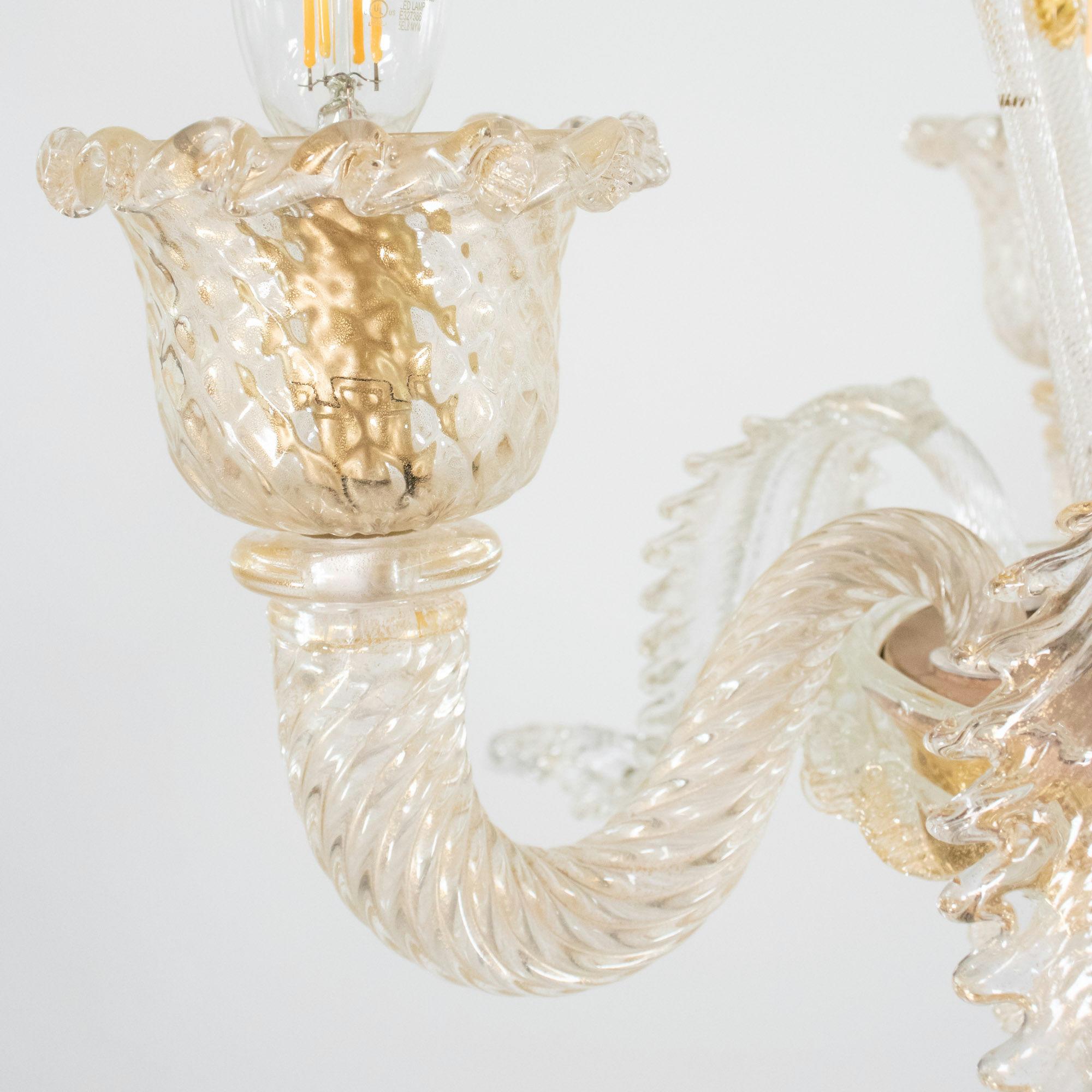 Vintage Traditional Floral Three-Arm 24k Gold Infused Murano Glass Chandelier For Sale 5