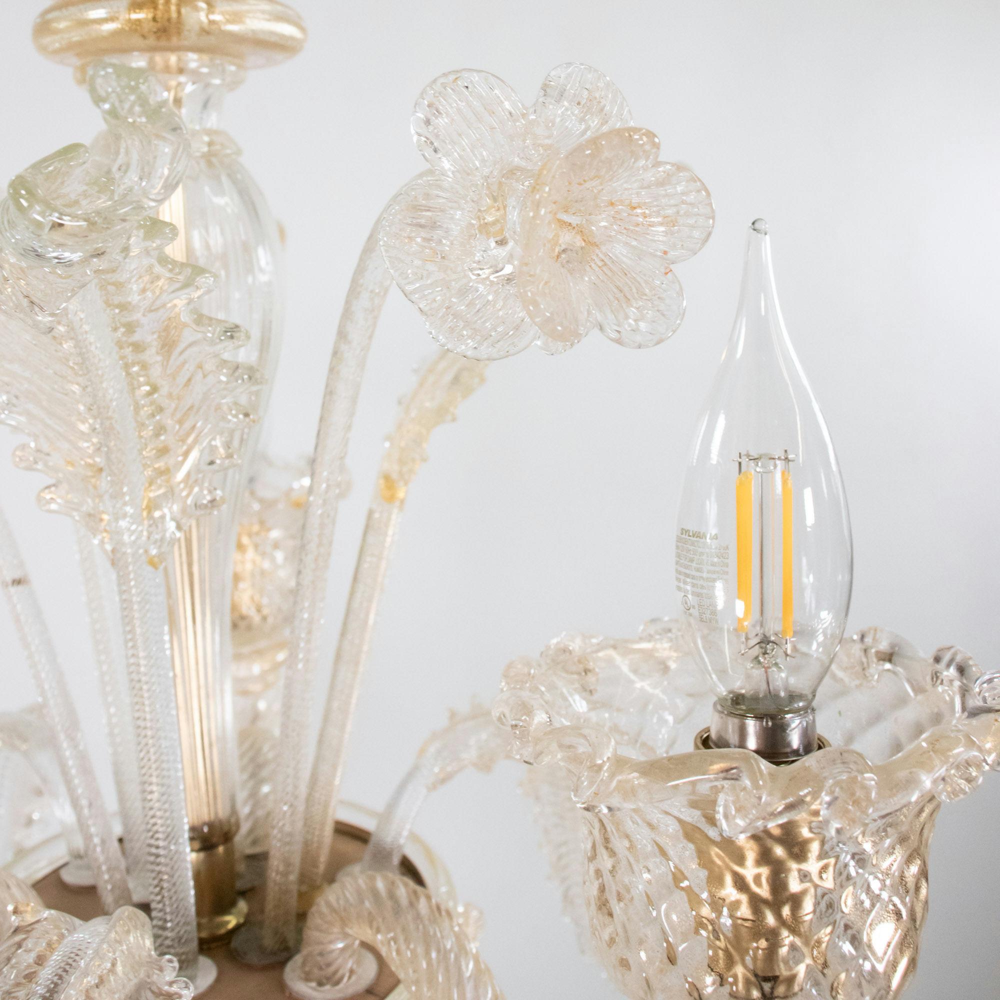 Vintage Traditional Floral Three-Arm 24k Gold Infused Murano Glass Chandelier For Sale 6
