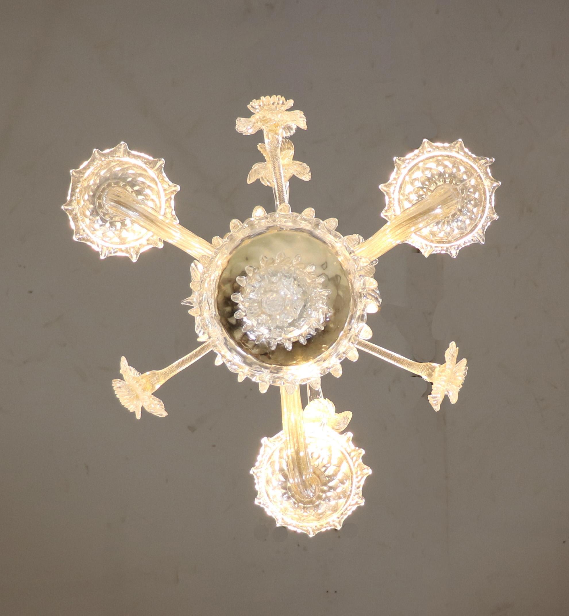 Vintage Traditional Floral Three-Arm 24K Gold Infused Murano Glass Chandelier For Sale 7