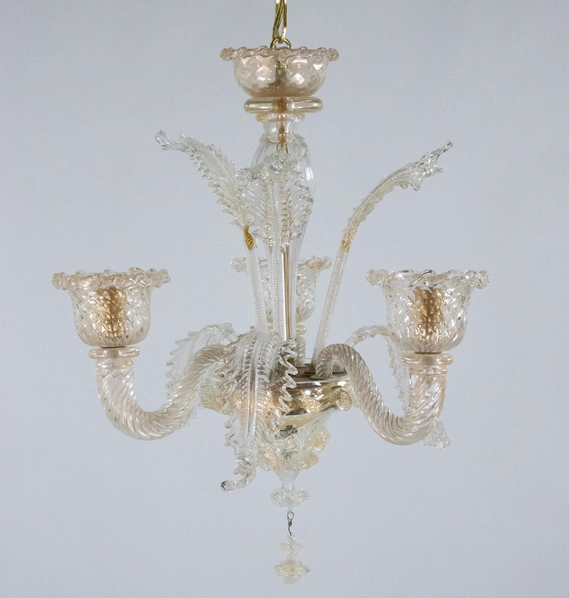 Vintage Traditional Floral Three-Arm 24k Gold Infused Murano Glass Chandelier For Sale 11