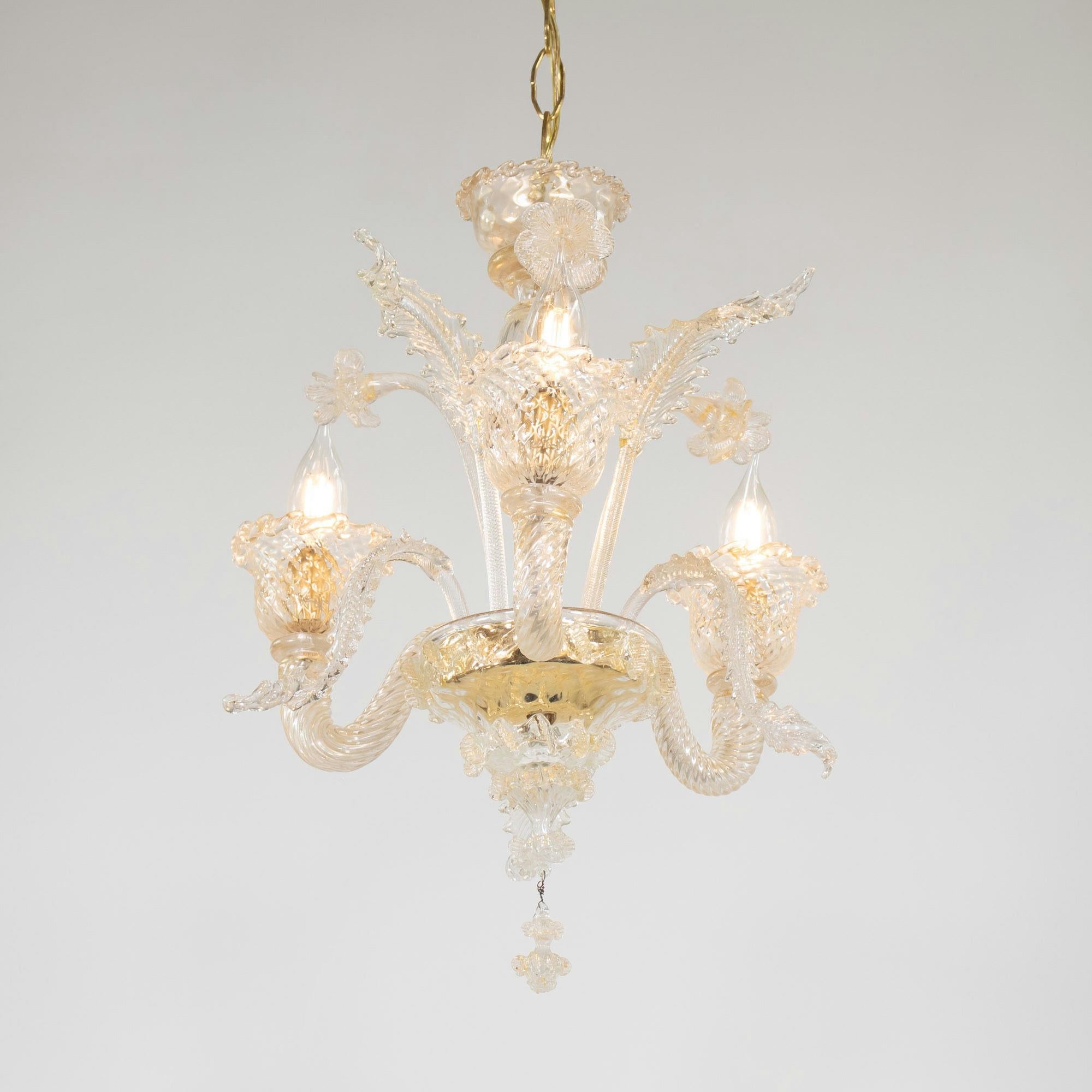 Baroque Vintage Traditional Floral Three-Arm 24k Gold Infused Murano Glass Chandelier For Sale