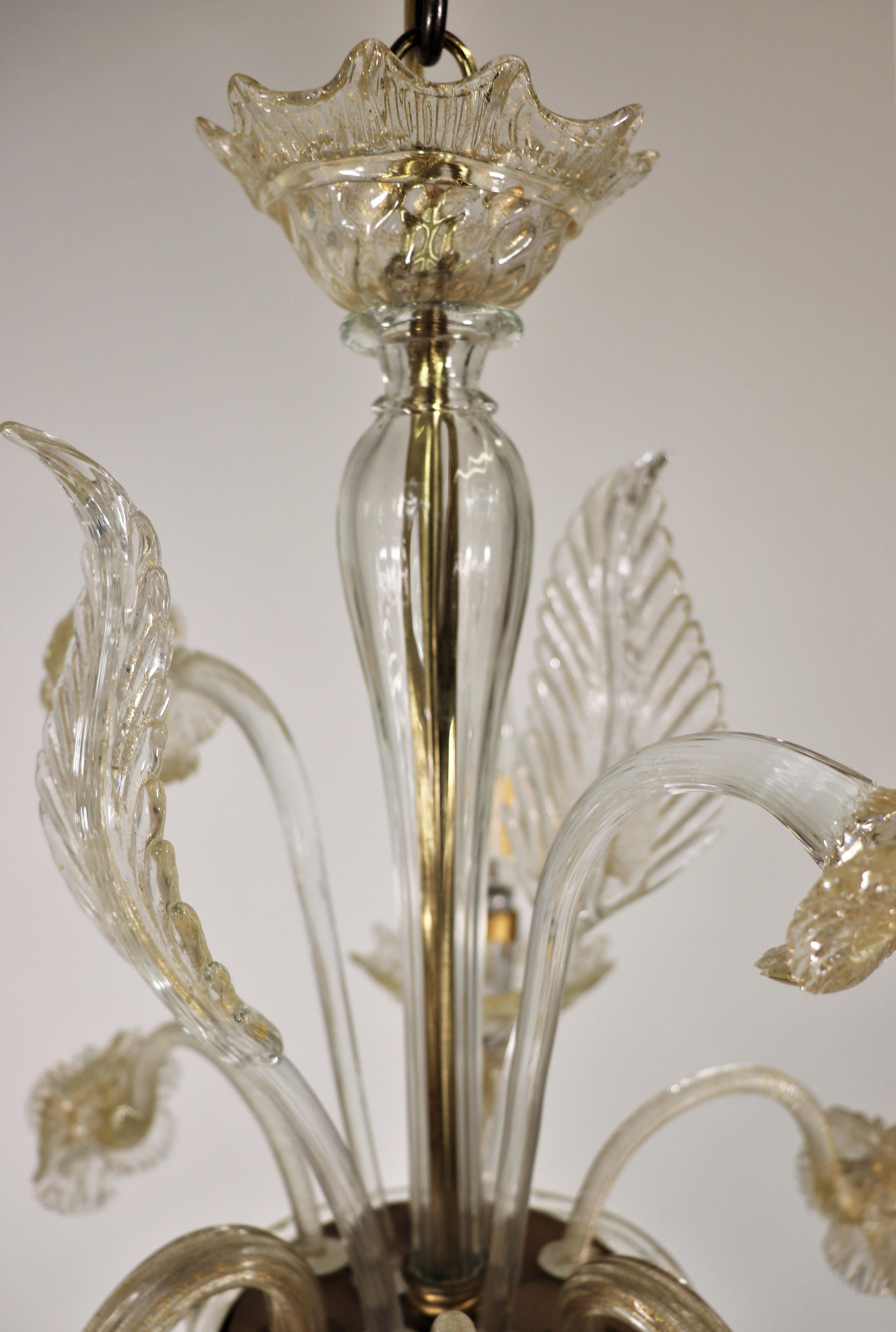 Italian Vintage Traditional Floral Three-Arm 24k Gold Infused Murano Glass Chandelier For Sale