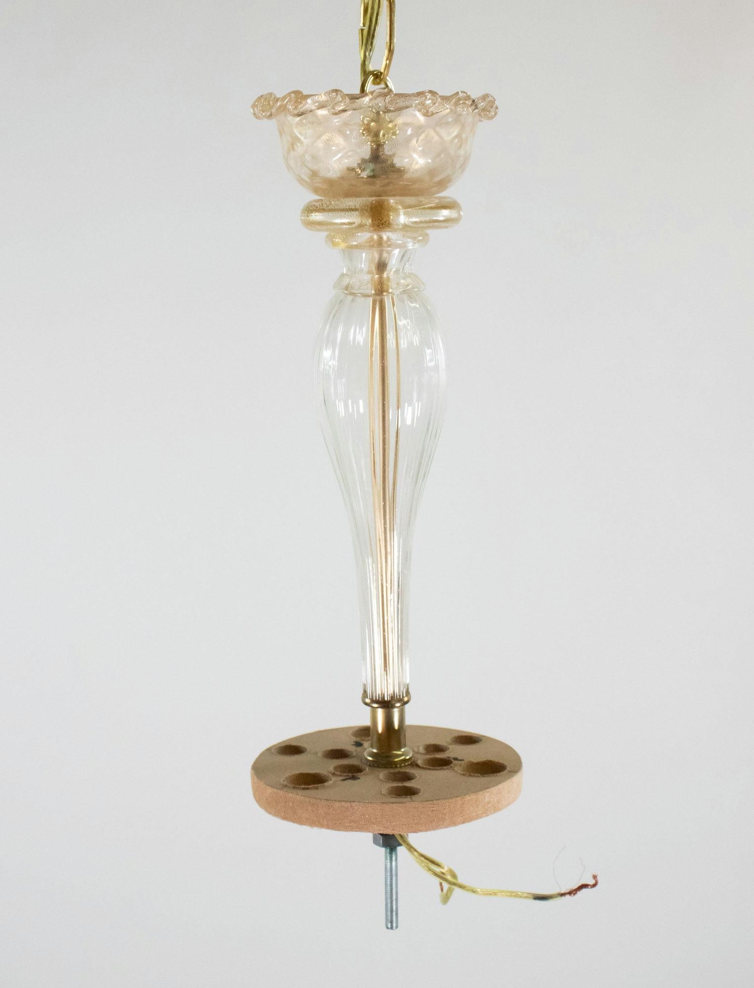Vintage Traditional Floral Three-Arm 24k Gold Infused Murano Glass Chandelier In Good Condition For Sale In Chicago, IL