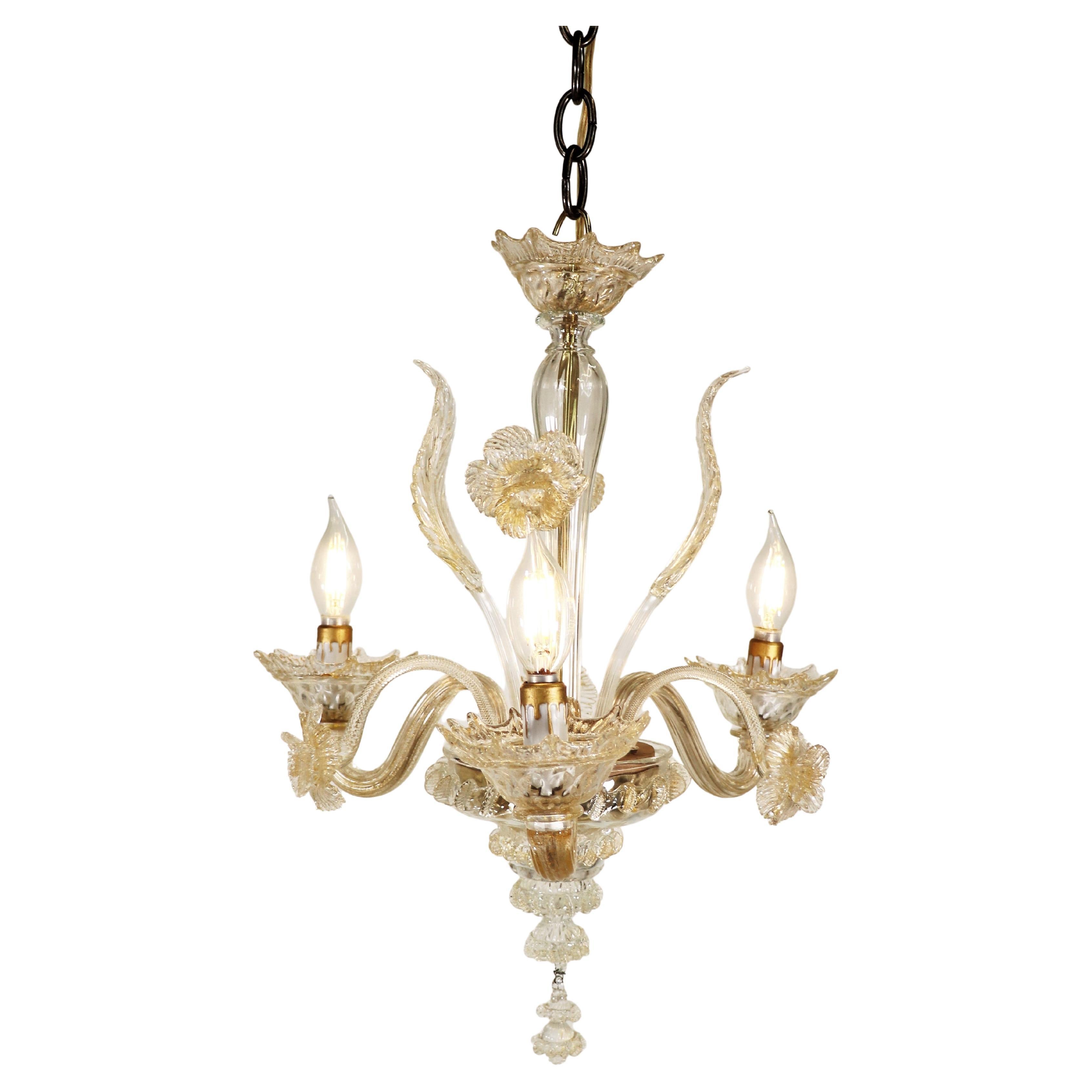 Vintage Traditional Floral Three-Arm 24k Gold Infused Murano Glass Chandelier