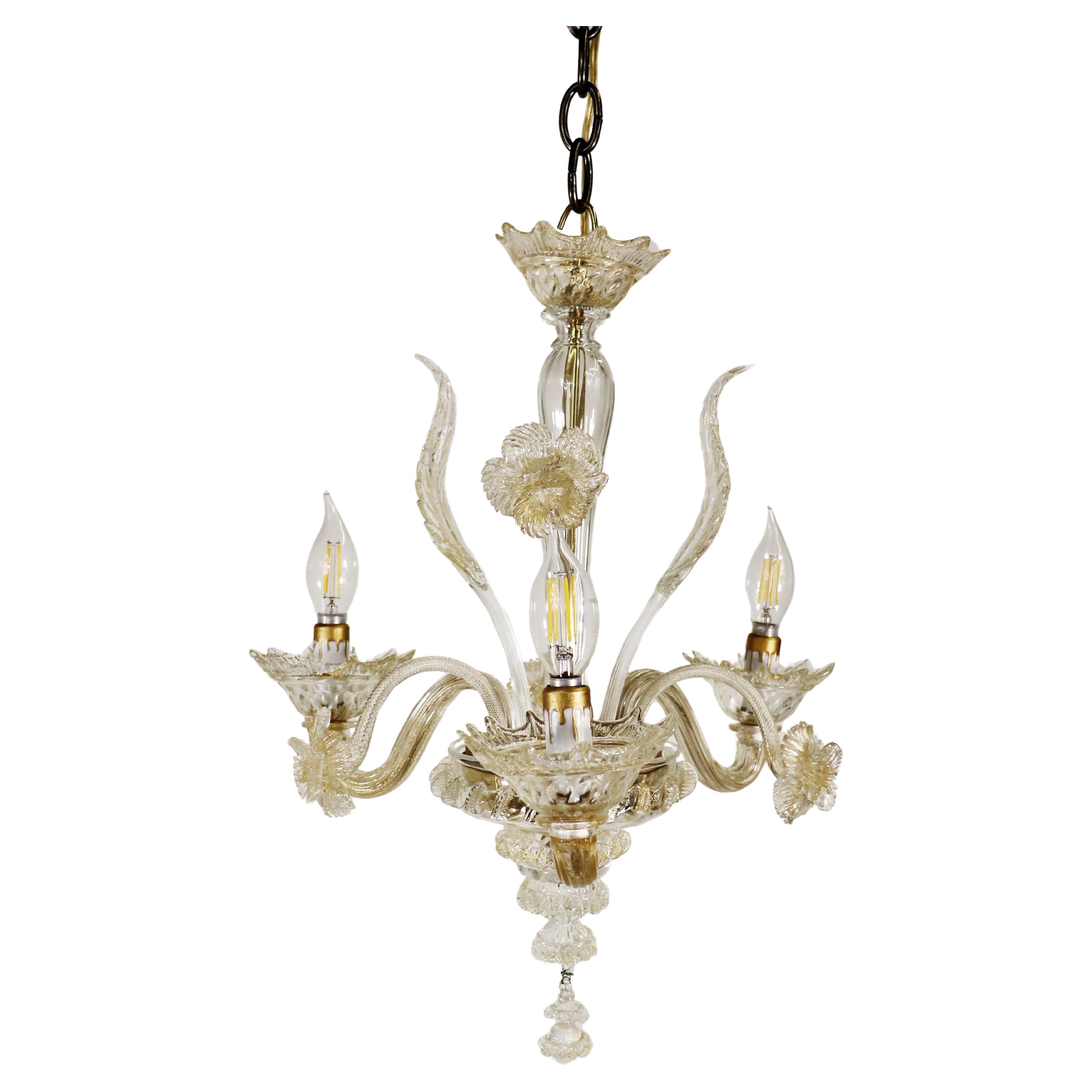 Vintage Traditional Floral Three-Arm 24K Gold Infused Murano Glass Chandelier