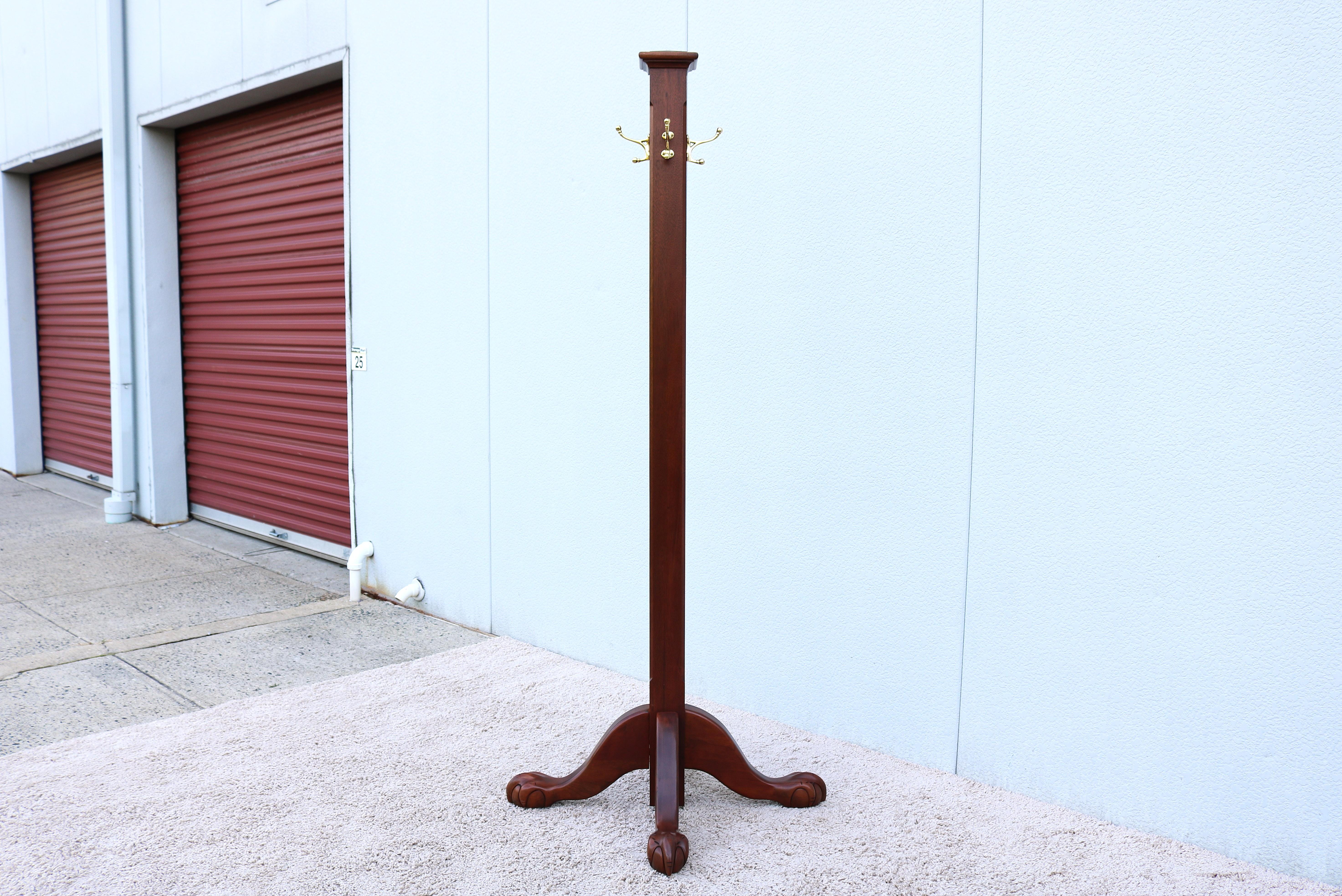 Arts and Crafts Vintage Traditional Freestanding Coat Rack in Solid Mahogany Wood, Solid Brass For Sale