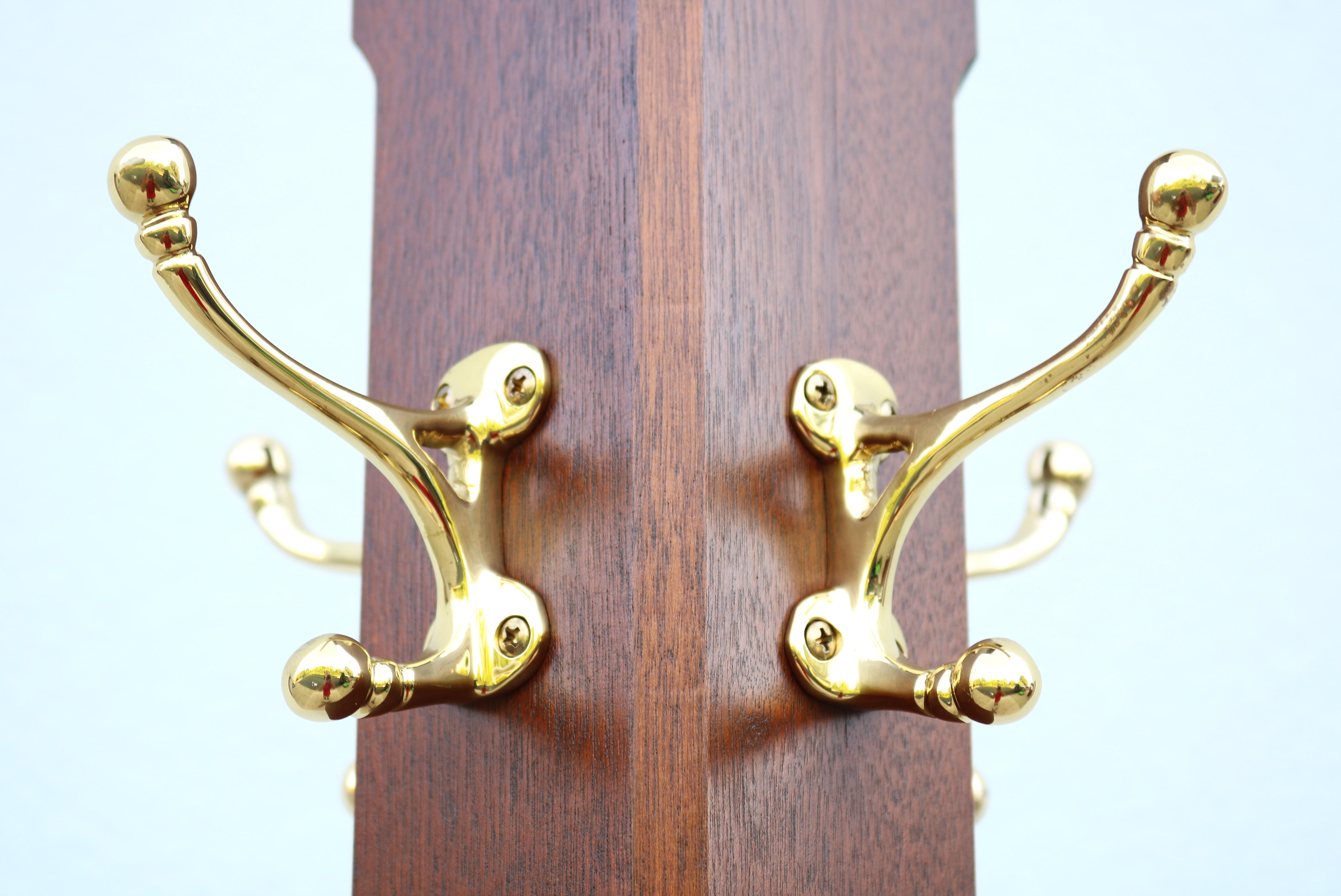 20th Century Vintage Traditional Freestanding Coat Rack in Solid Mahogany Wood, Solid Brass For Sale