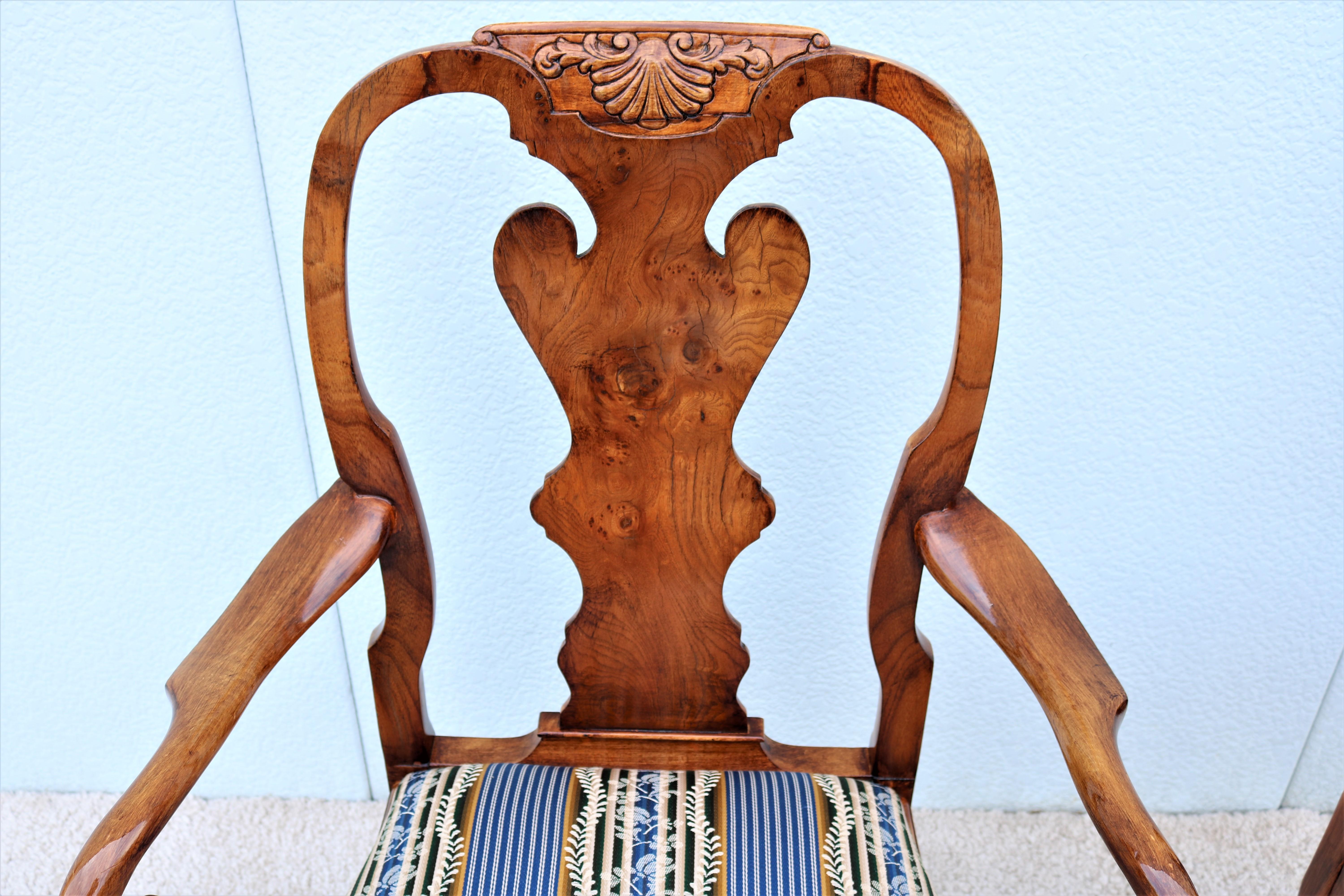 Vintage Traditional Giles Grendey Queen Anne Style Burl Walnut Armchairs, a Pair For Sale 6