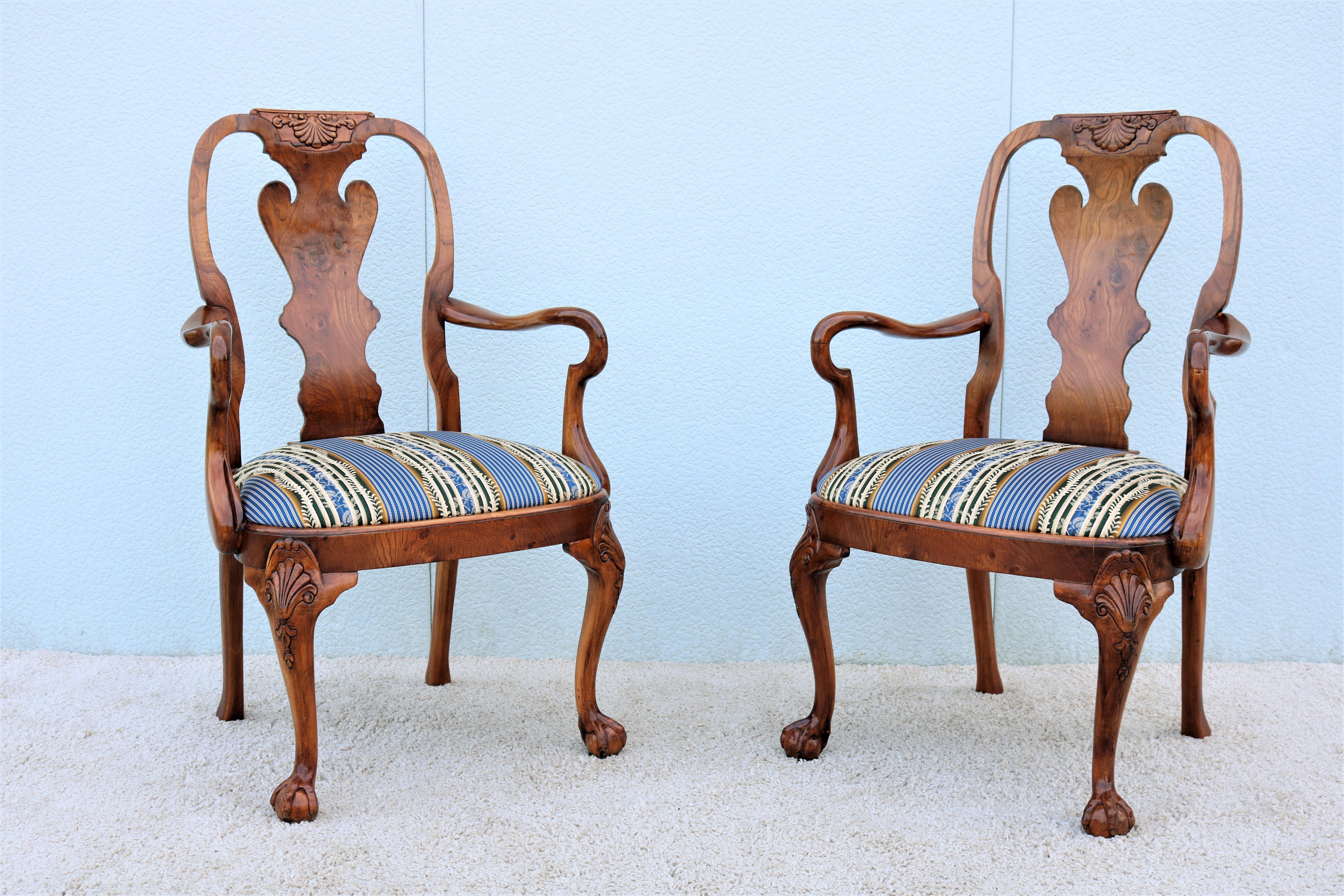 Unknown Vintage Traditional Giles Grendey Queen Anne Style Burl Walnut Armchairs, a Pair For Sale