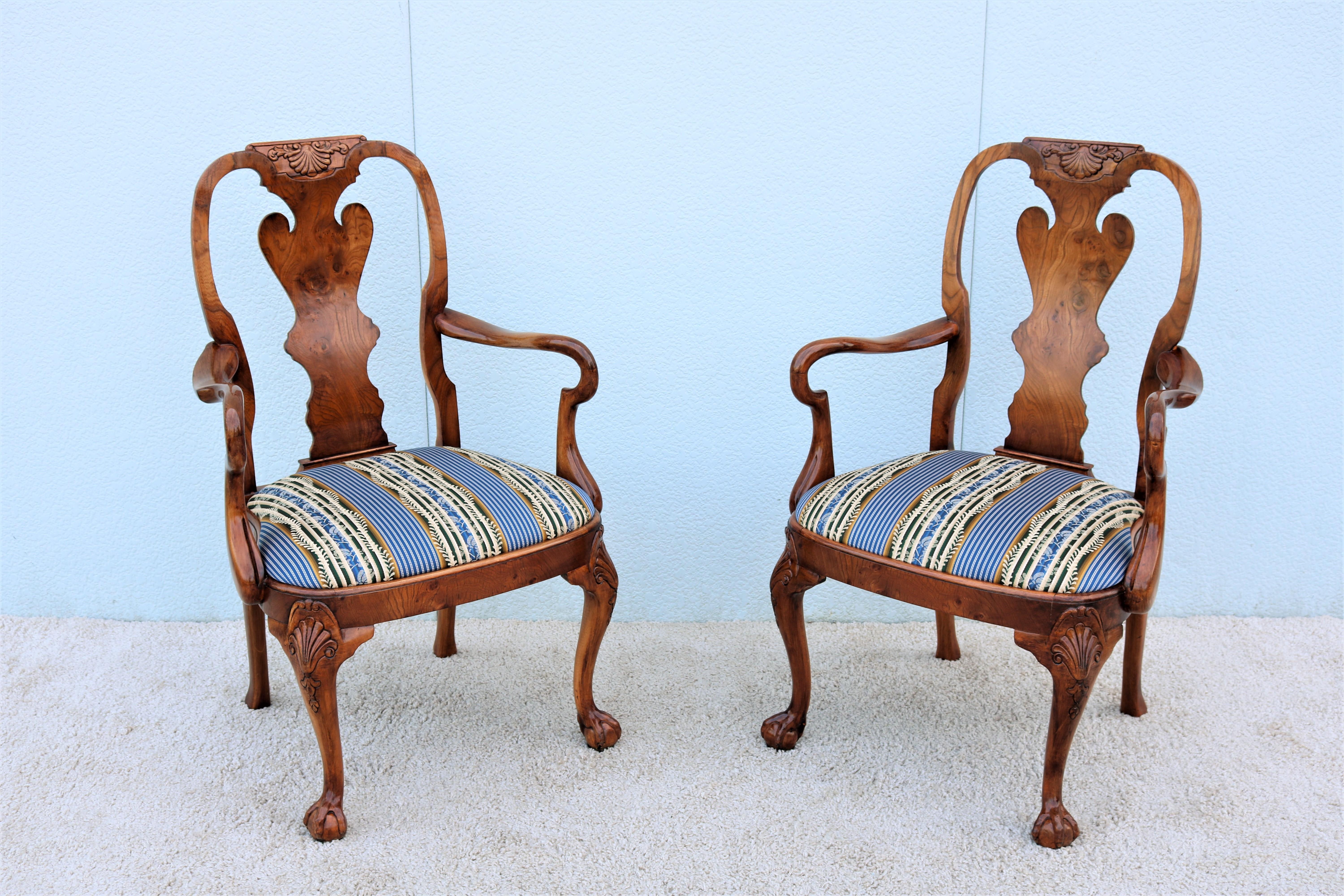 Hand-Carved Vintage Traditional Giles Grendey Queen Anne Style Burl Walnut Armchairs, a Pair For Sale